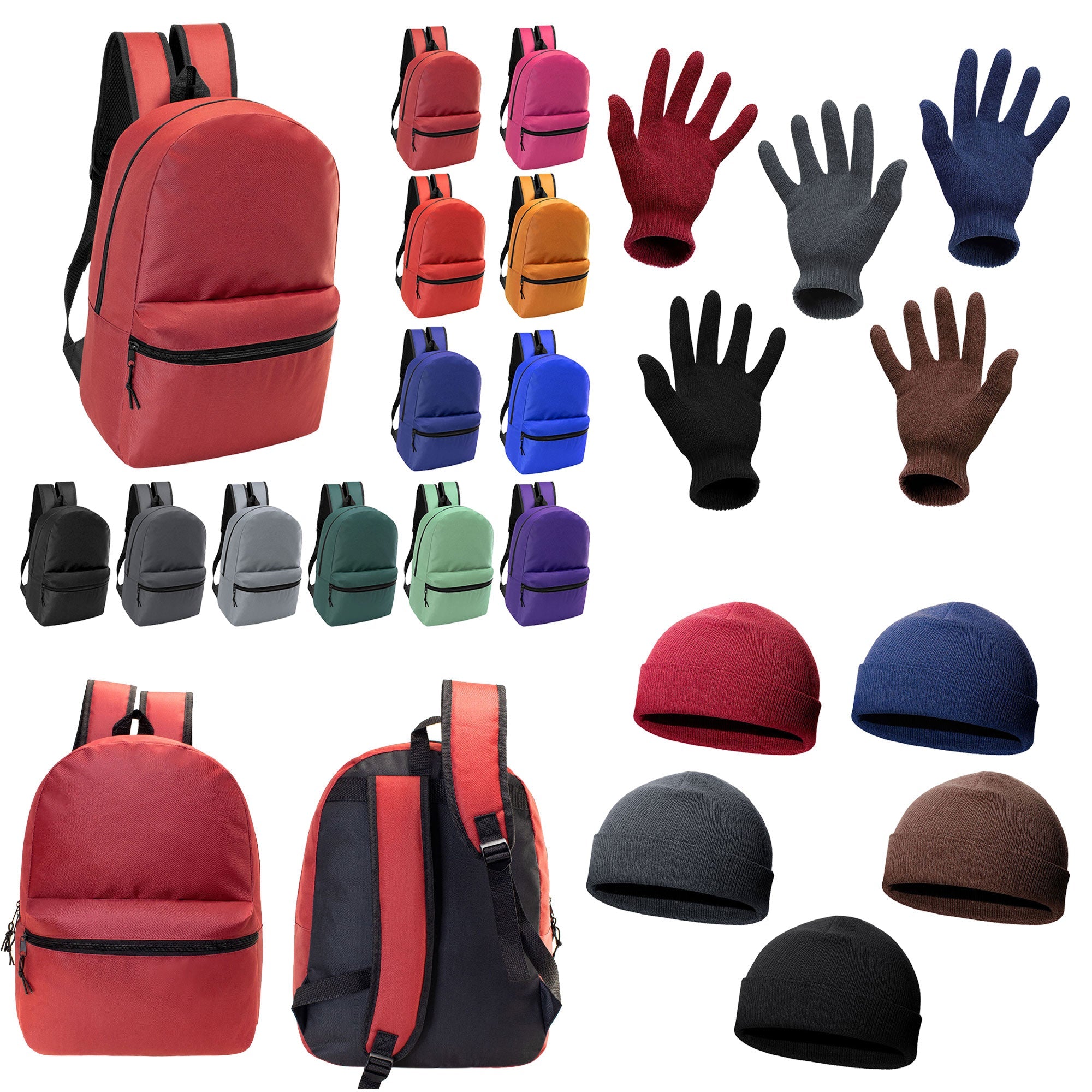 12 Basic 17" Backpacks in 12 Different Colors & Your Choice of 12 Winter Item Sets - Wholesale Care Package: Homeless, Emergency, Charity