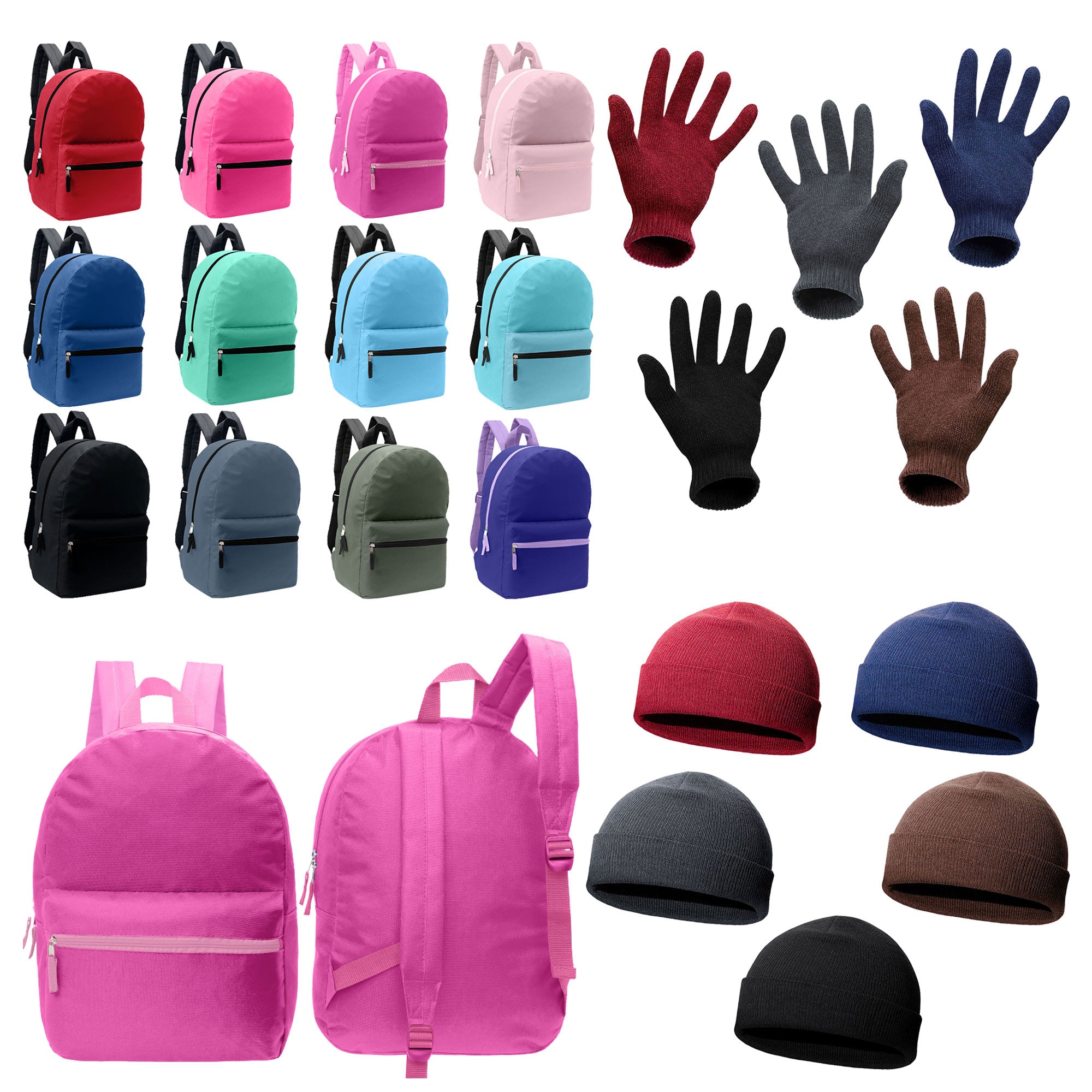 12 Basic 17" Backpacks in Assorted Colors & Your Choice of 12 Winter Item Sets - Wholesale Care Package: Homeless, Emergency, Charity