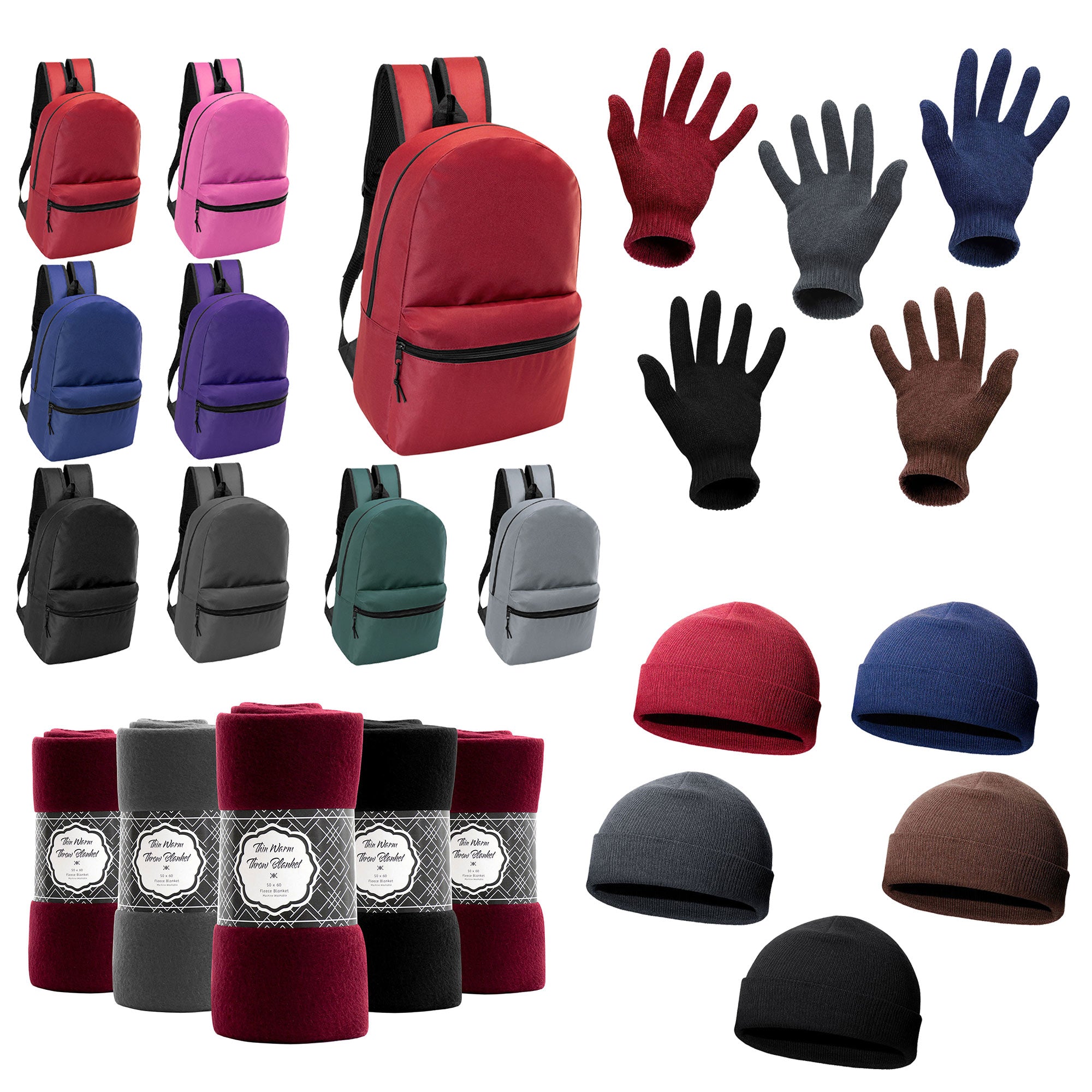 12 Basic 17" Backpacks in 8 Colors & Your Choice of 12 Winter Item Sets - Wholesale Care Package: Homeless, Emergency, Charity