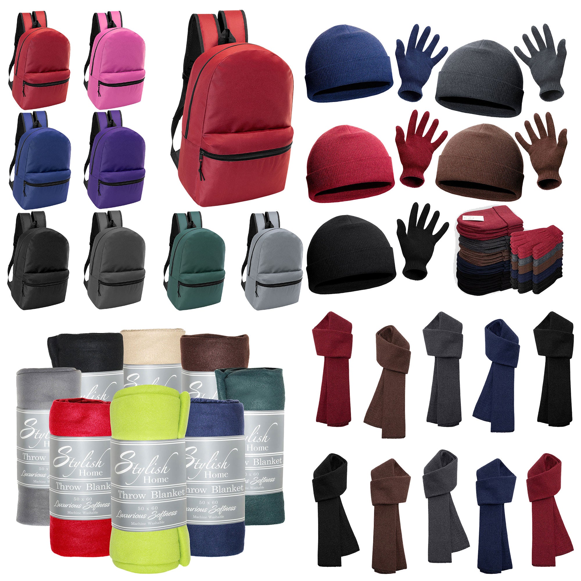 12 Basic 17" Backpacks in 8 Colors & Your Choice of 12 Winter Item Sets - Wholesale Care Package: Homeless, Emergency, Charity