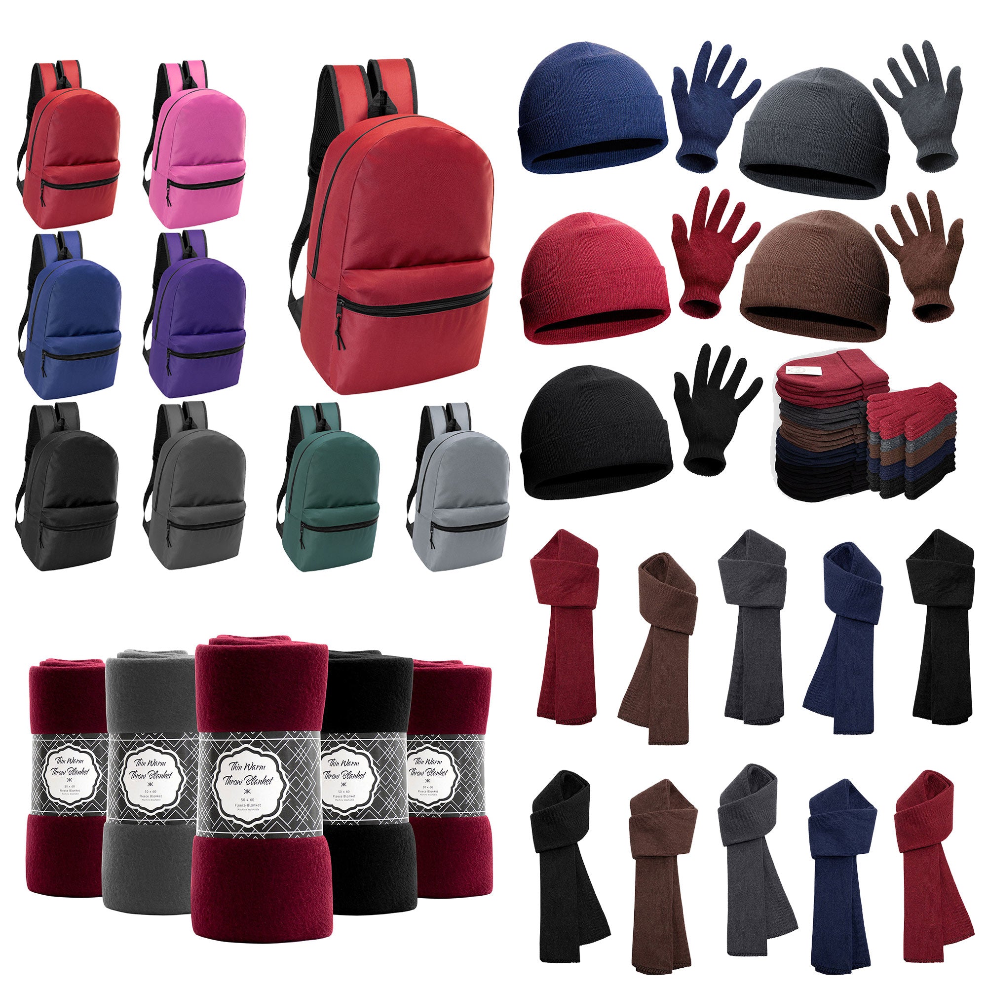 12 Basic 17" Backpacks in 8 Colors & Your Choice of 12 Winter Item Sets - Wholesale Care Package: Homeless, Emergency, Charity