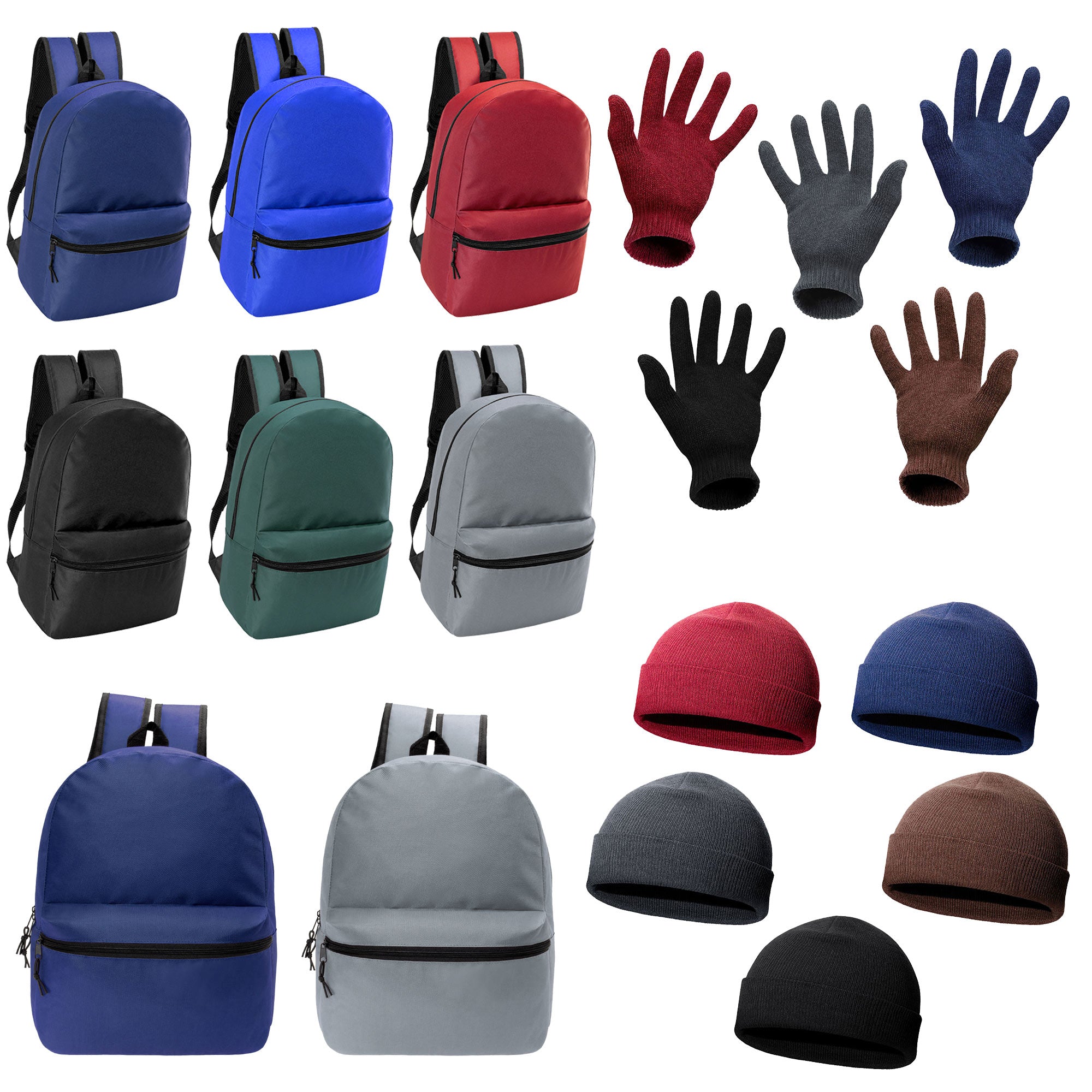 12 Basic 17" Backpacks in 6 Colors & Your Choice of 12 Winter Item Sets - Wholesale Care Package: Homeless, Emergency, Charity