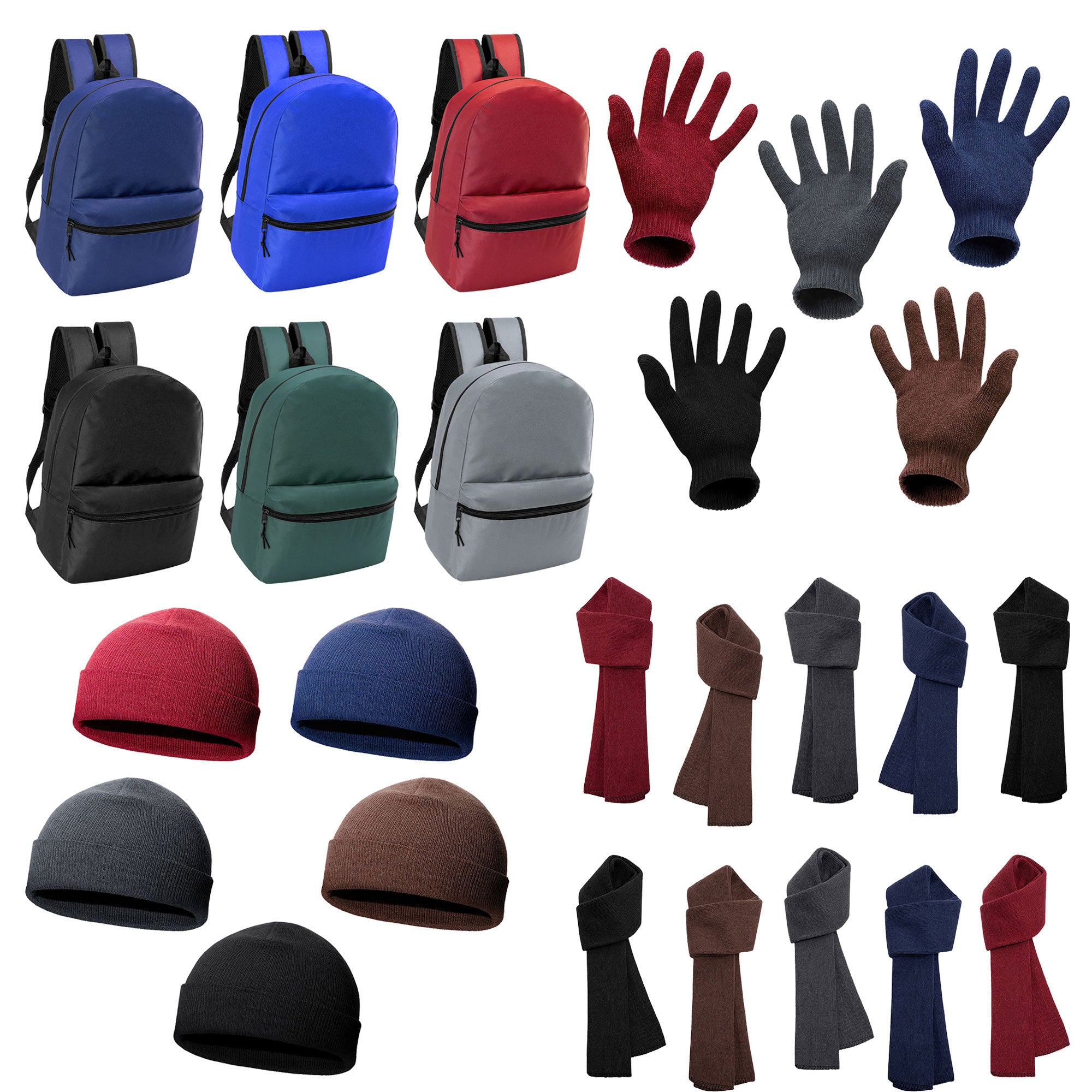 12 Basic 17" Backpacks in 6 Colors & Your Choice of 12 Winter Item Sets - Wholesale Care Package: Homeless, Emergency, Charity