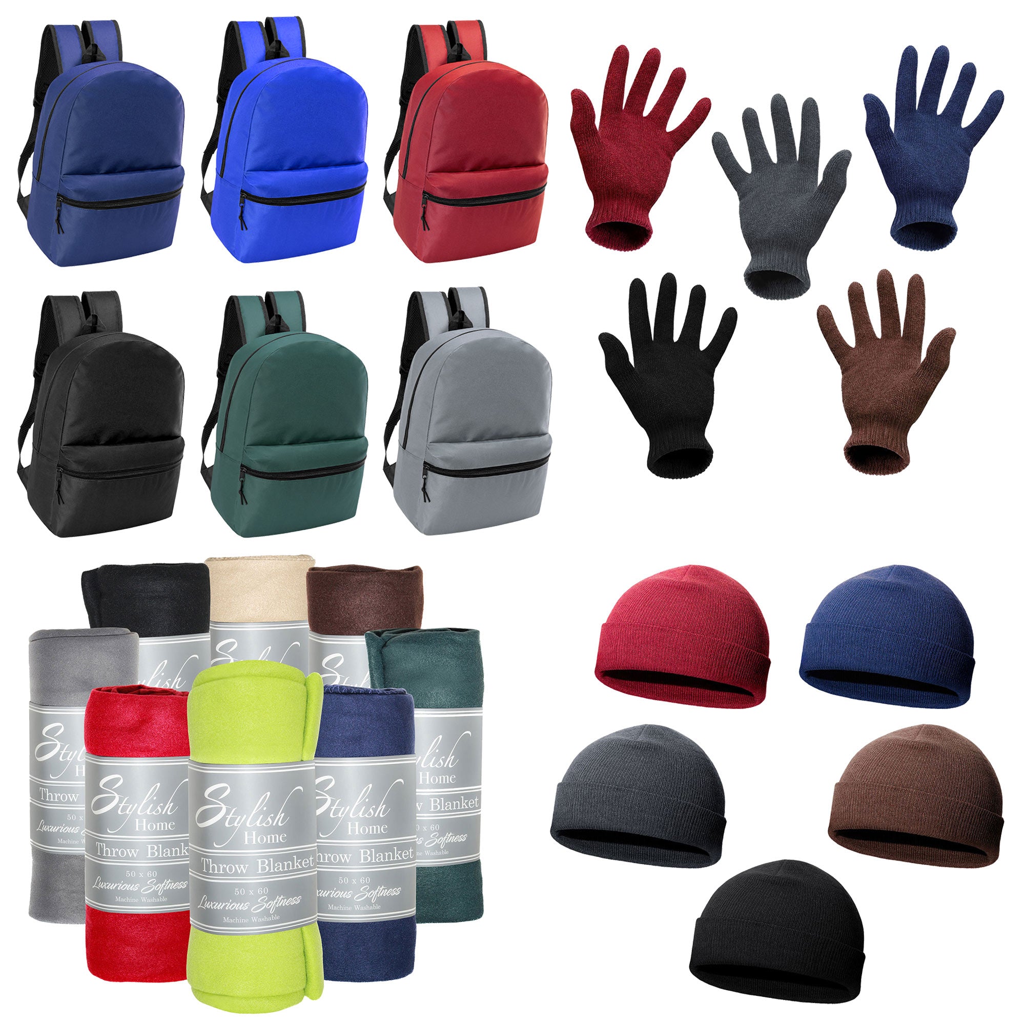 12 Basic 17" Backpacks in 6 Colors & Your Choice of 12 Winter Item Sets - Wholesale Care Package: Homeless, Emergency, Charity