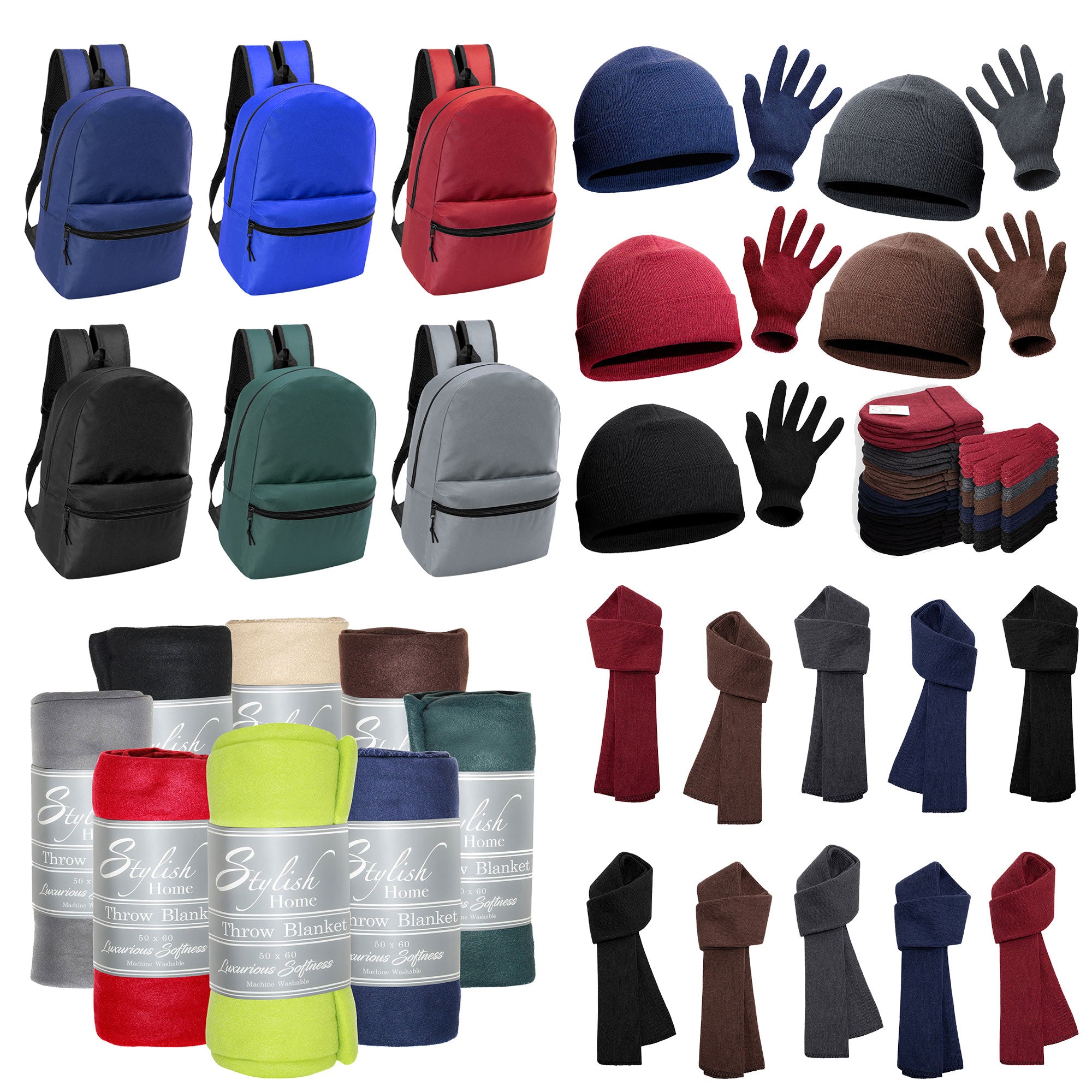 12 Basic 17" Backpacks in 6 Colors & Your Choice of 12 Winter Item Sets - Wholesale Care Package: Homeless, Emergency, Charity