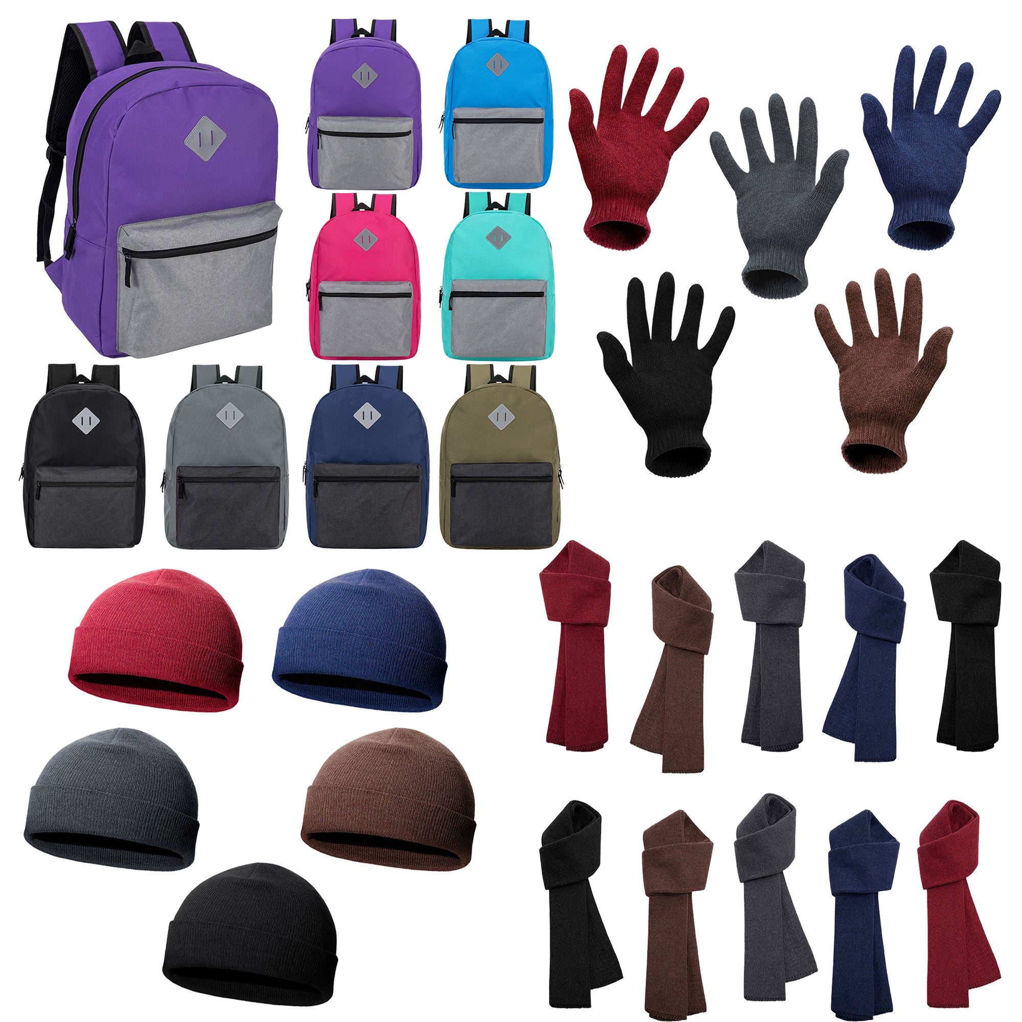 12 Bulk 17" Multi-Color Diamond Patch Backpacks & Your Choice of 12 Winter Item Sets - Wholesale Care Package: Homeless, Emergency, Charity