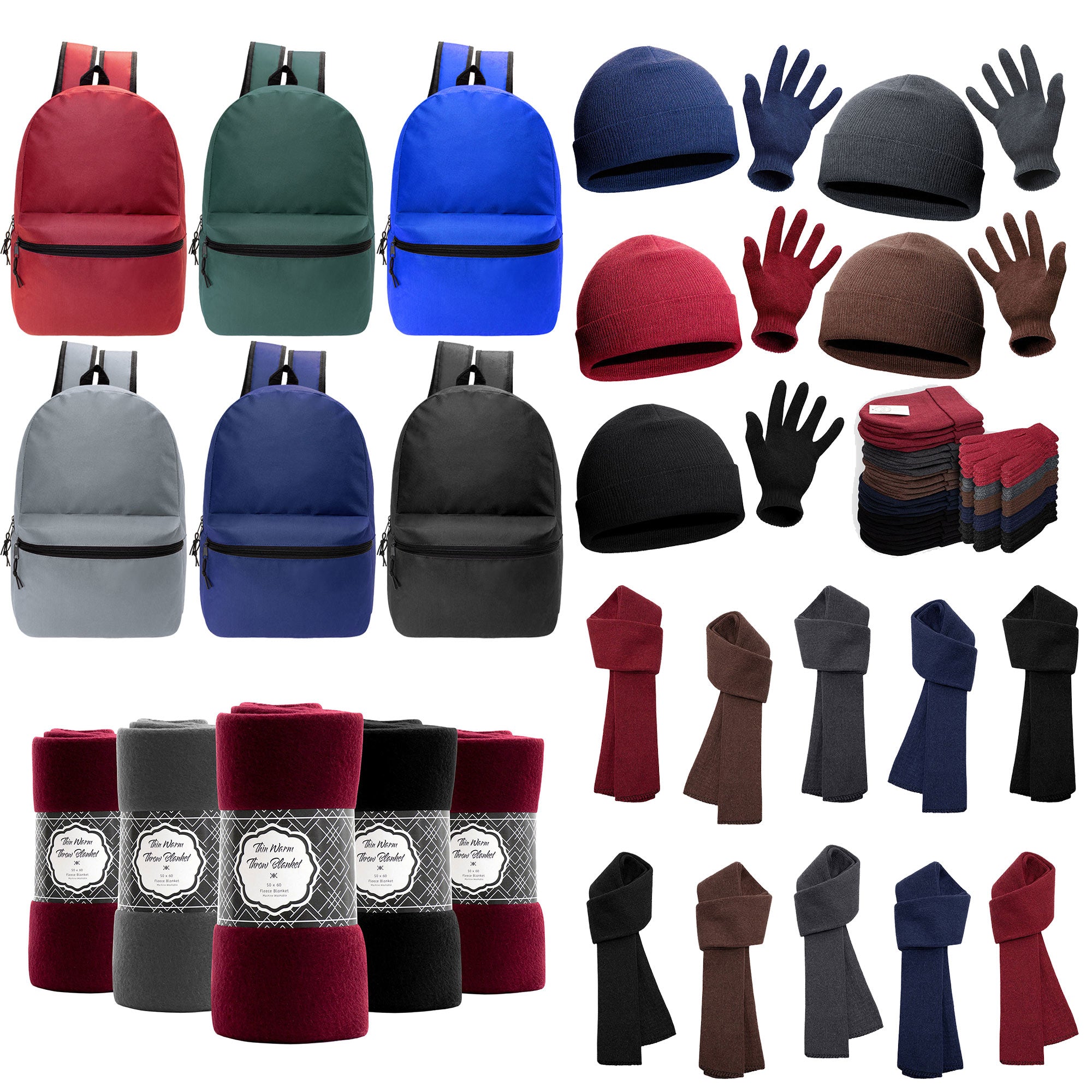 12 Wholesale 18.5" Basic Backpacks in 6 Colors & Your Choice of 12 Winter Item Sets - Wholesale Care Package: Homeless, Emergency, Charity