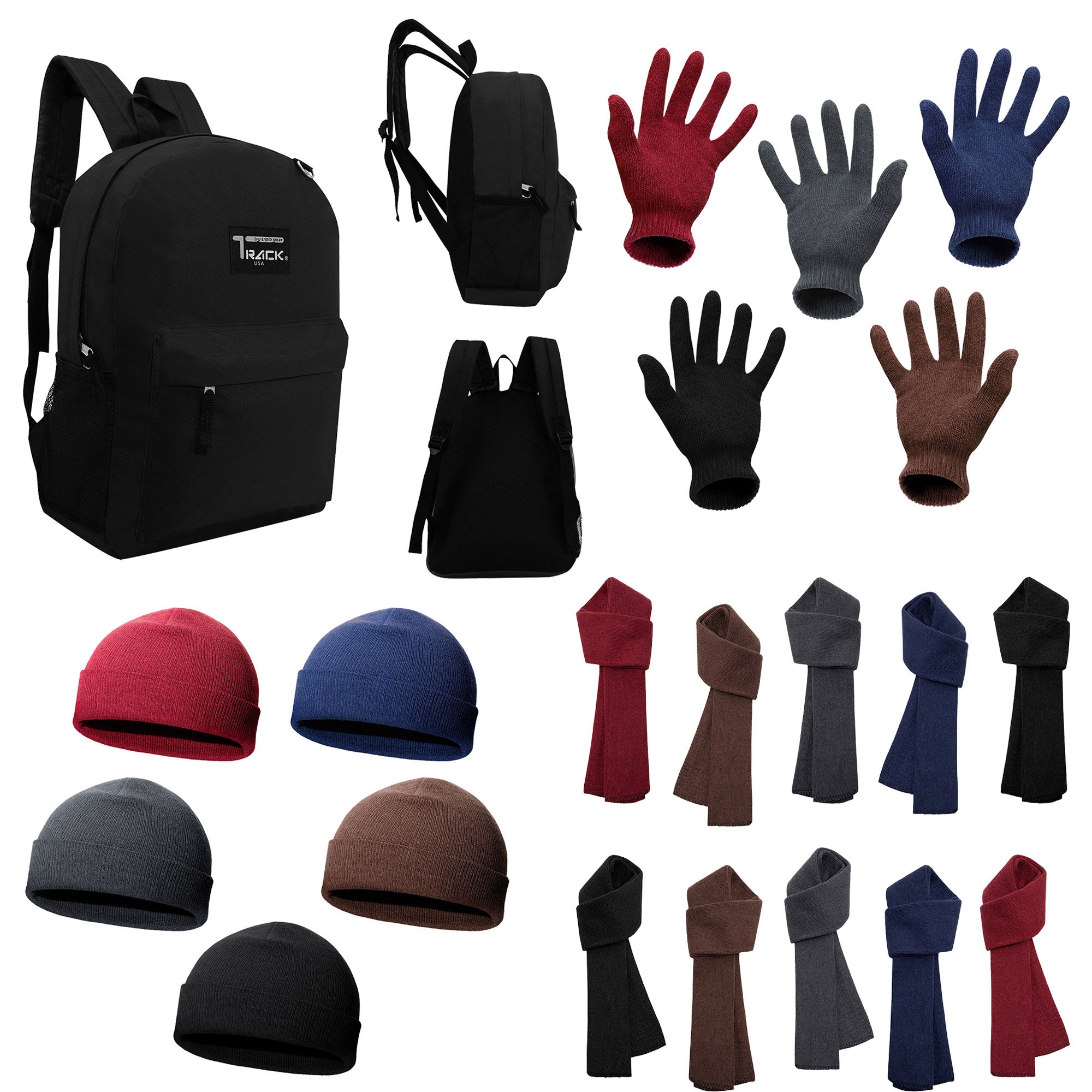 12 Black 17" Backpacks & Your Choice of 12 Winter Item Sets - Wholesale Care Package: Homeless, Emergency, Charity