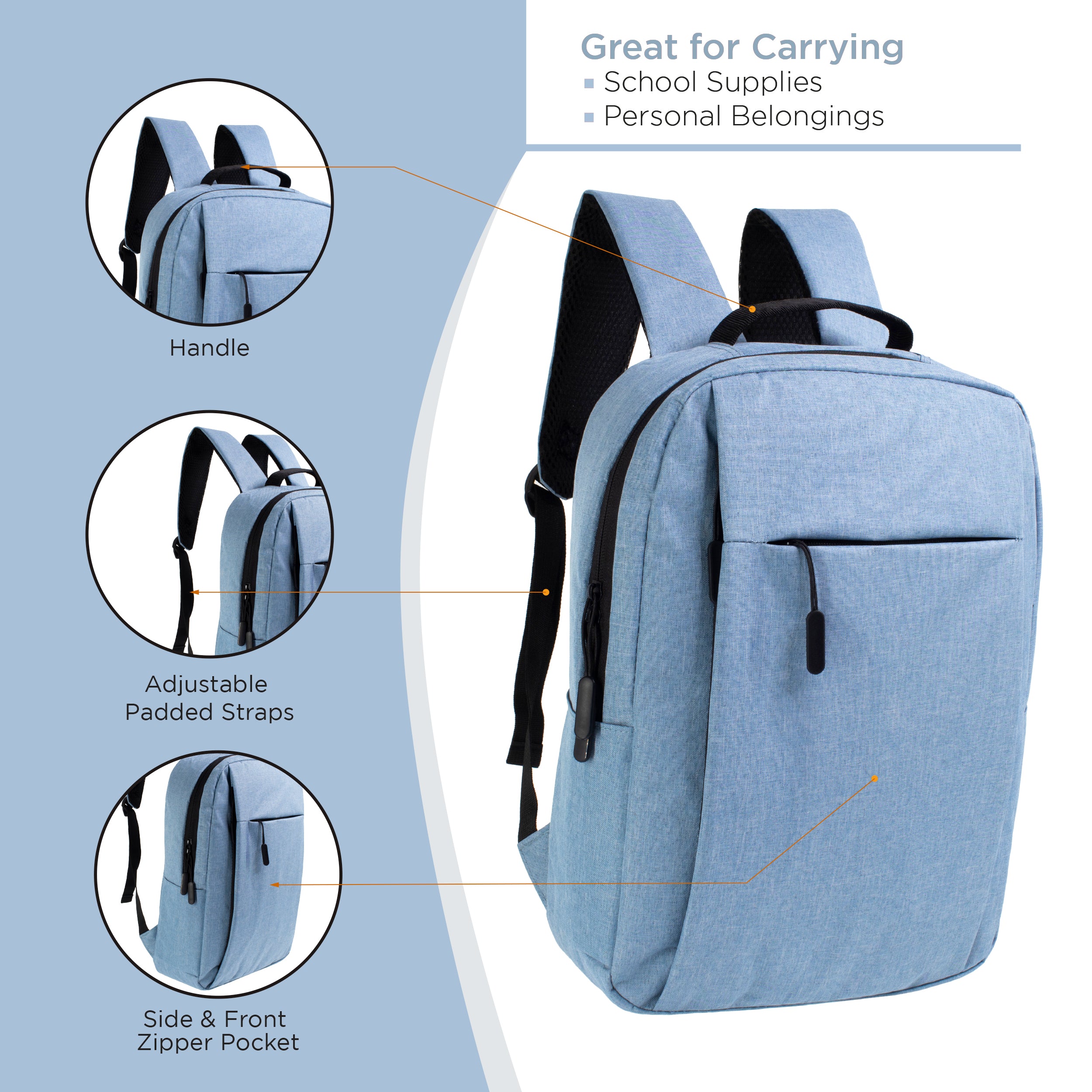 16" Wholesale Premium Backpacks in 3 Assorted Colors - Wholesale Bookbags Case of 24