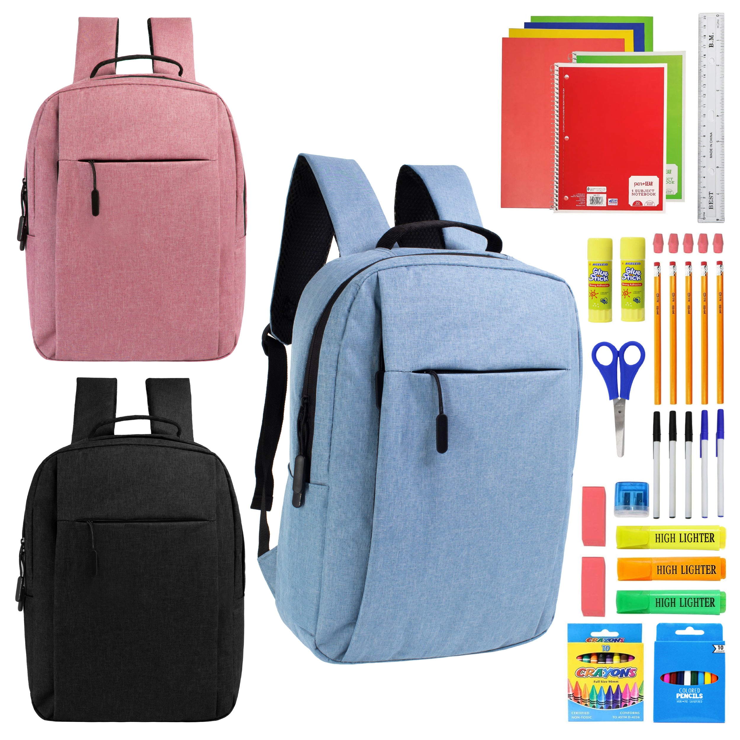 12 Wholesale Premium Laptop Backpacks & 12 Bulk School Supply Kits of Your Choice