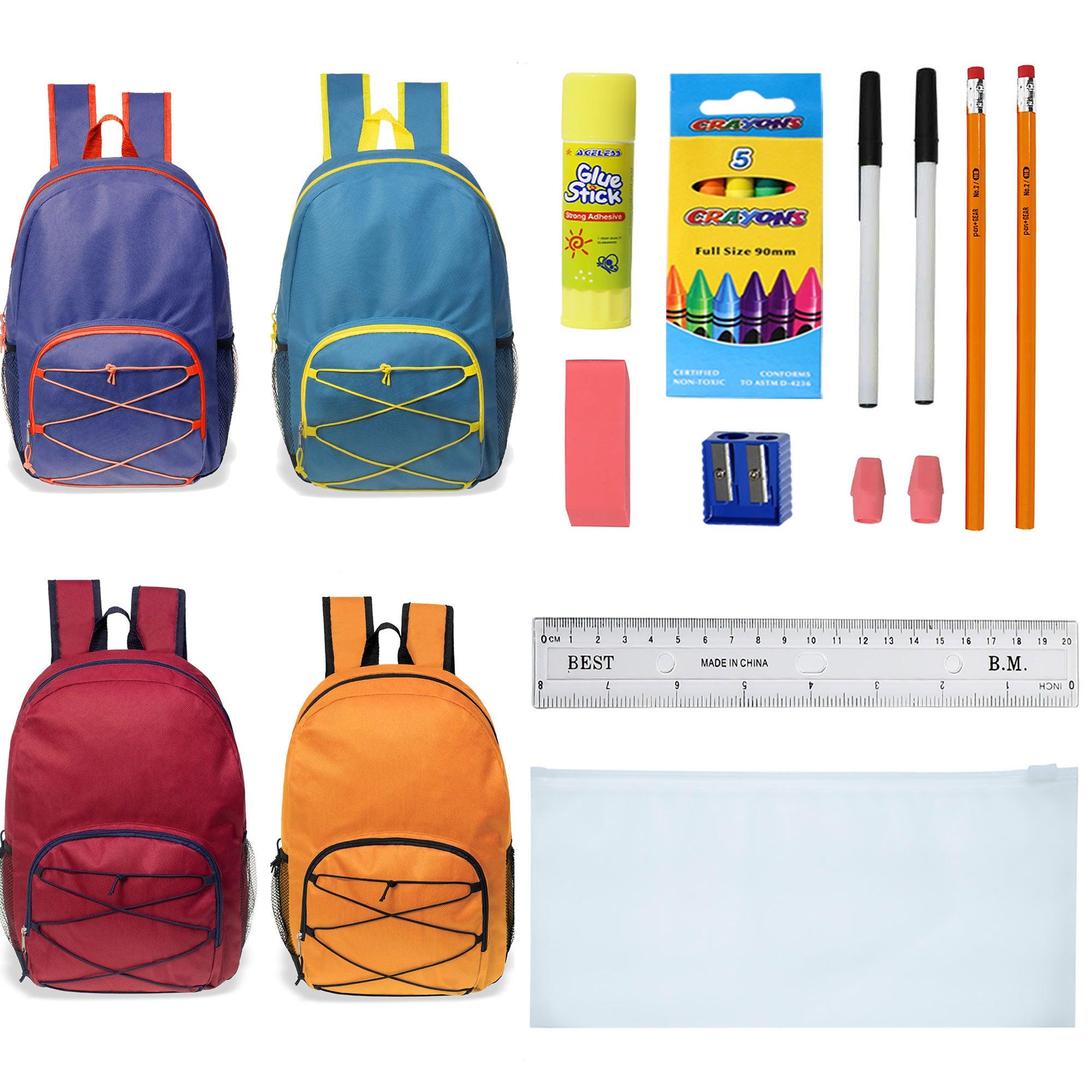 12 Wholesale 17" Bungee Backpacks in Assorted Colors with 12 School Supply Kits of Your Choice