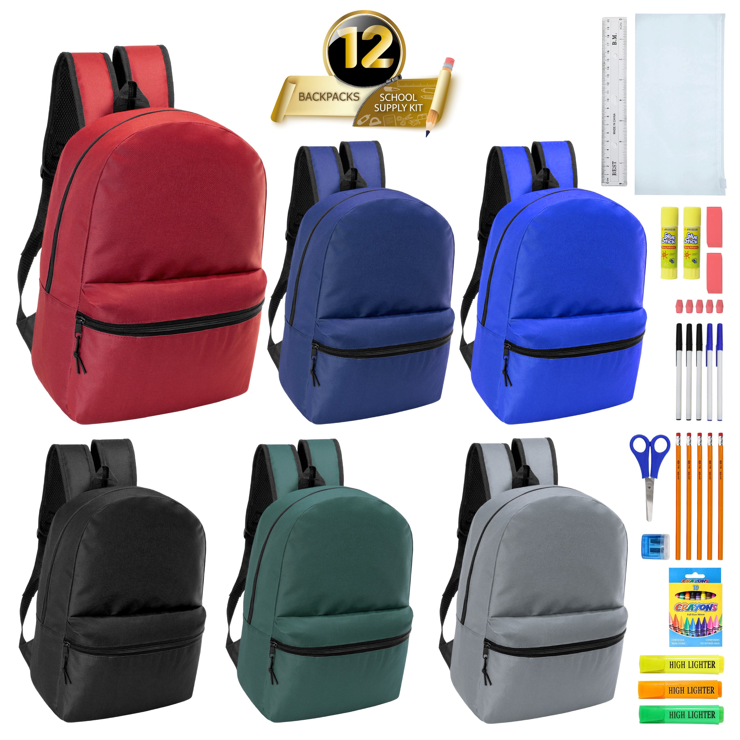 12 Wholesale 17" Basic Wholesale Backpack in 6 Colors & 12 Bulk School Supply Kits of Your Choice