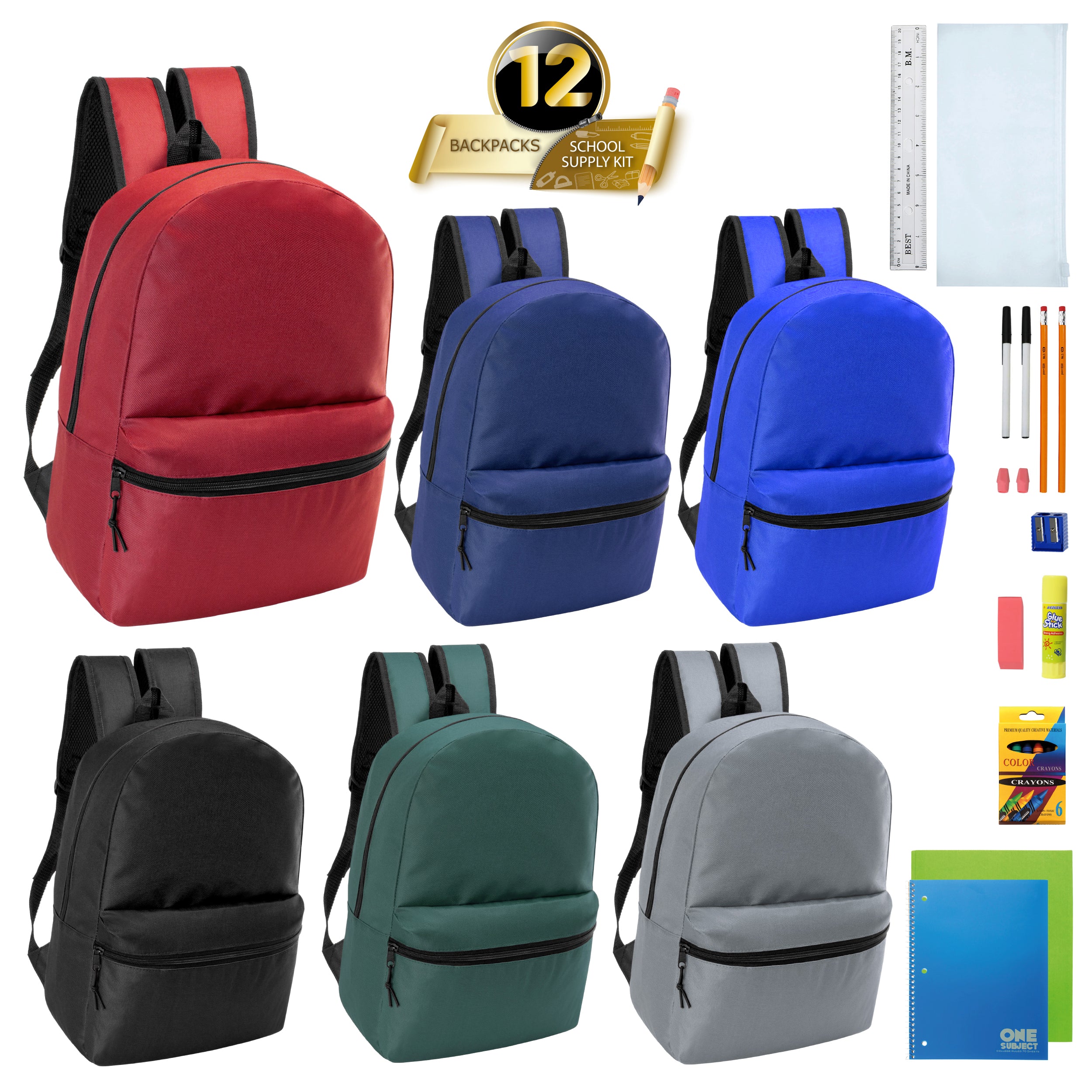 12 Wholesale 17" Basic Wholesale Backpack in 6 Colors & 12 Bulk School Supply Kits of Your Choice