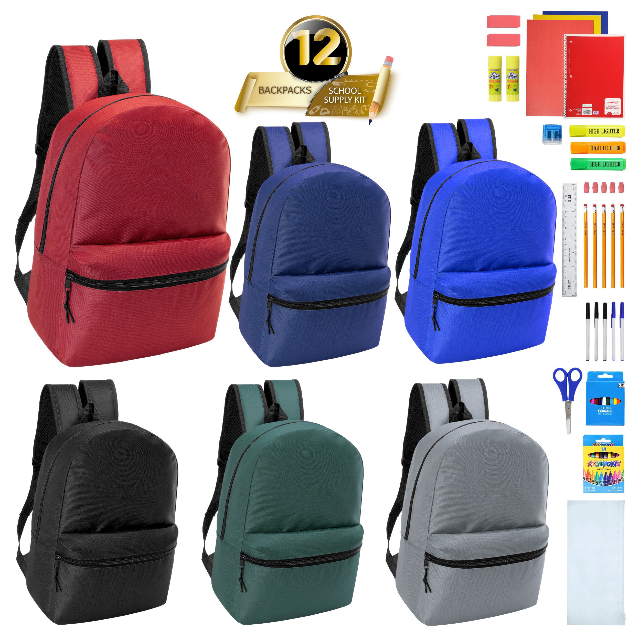 12 Wholesale 17" Basic Wholesale Backpack in 6 Colors & 12 Bulk School Supply Kits of Your Choice