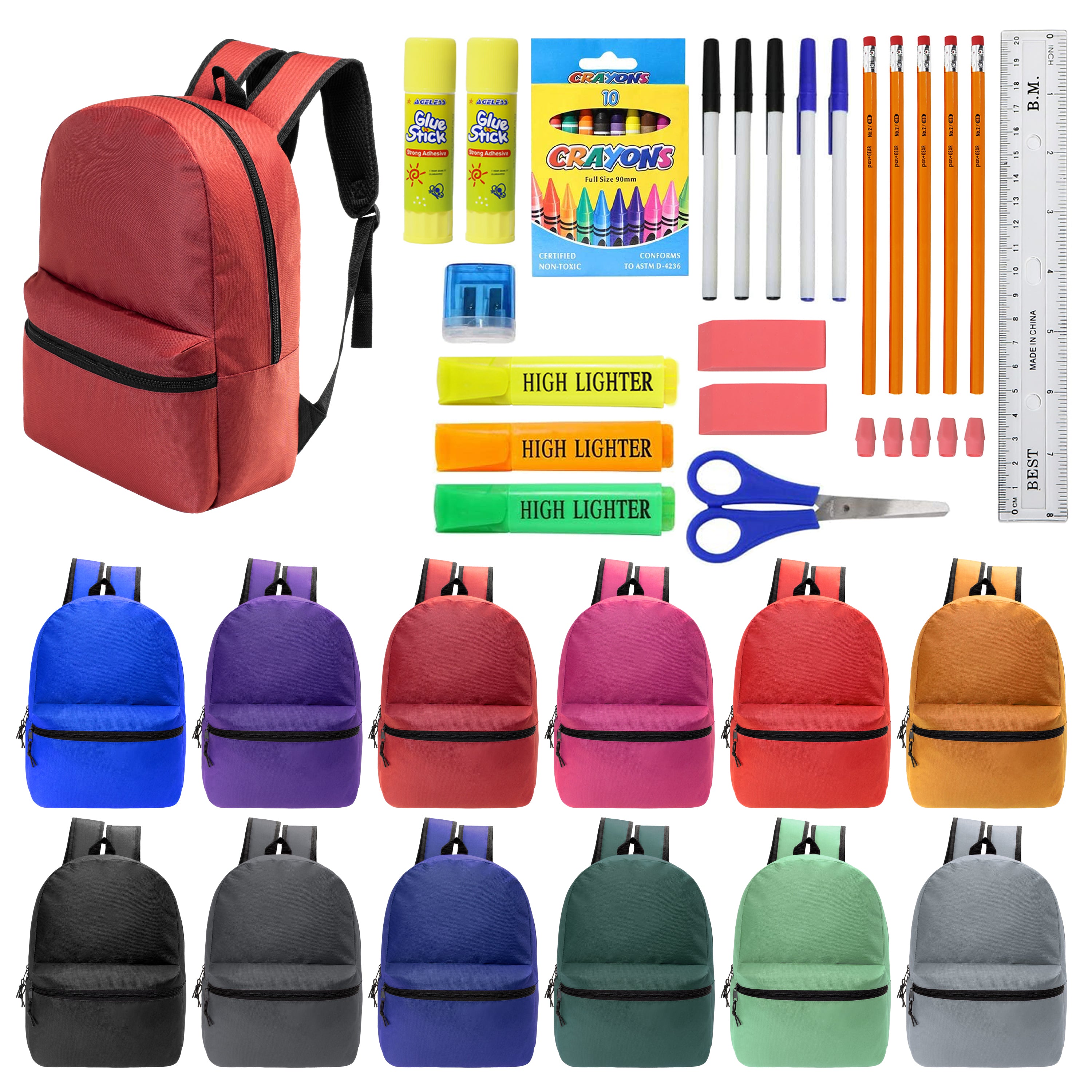 12 Wholesale 17" Basic Backpacks in 12 Assorted Colors & 12 Bulk School Supply Kits of Your Choice