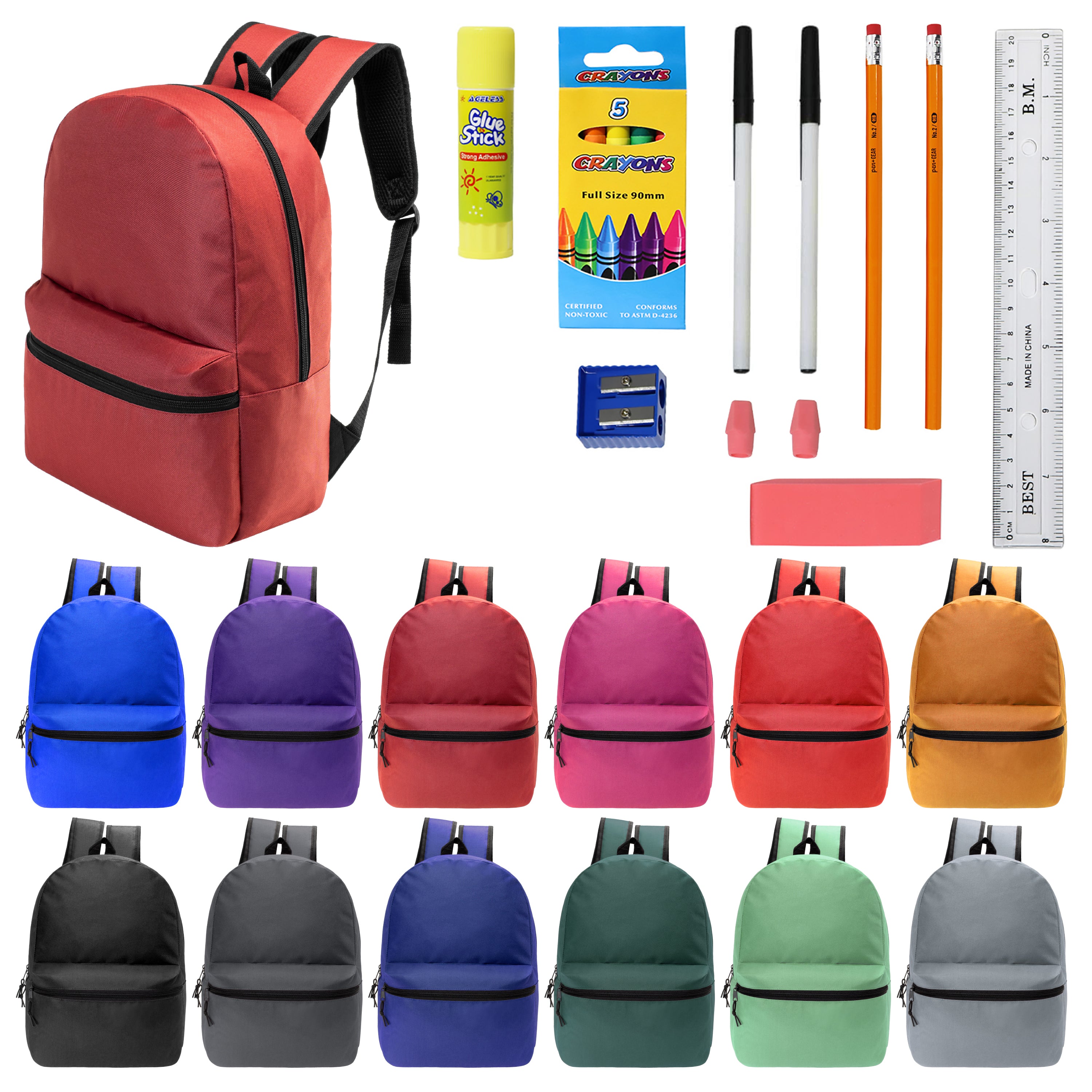 Bulk 17 Basic Backpacks in 12 Colors Wholesale School Supplies