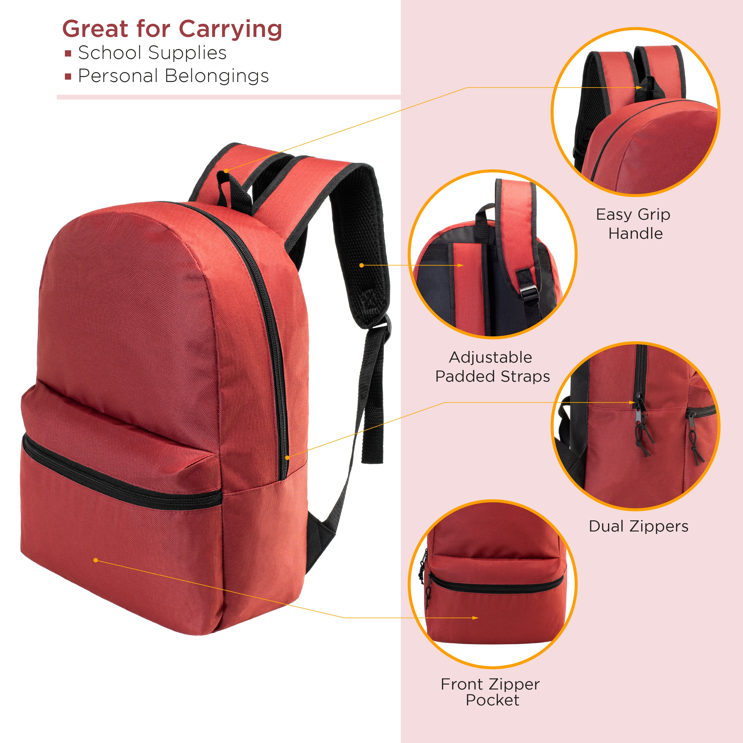 12 Wholesale 17" Basic Backpacks in Assorted Colors & 12 Bulk School Supply Kits of Your Choice