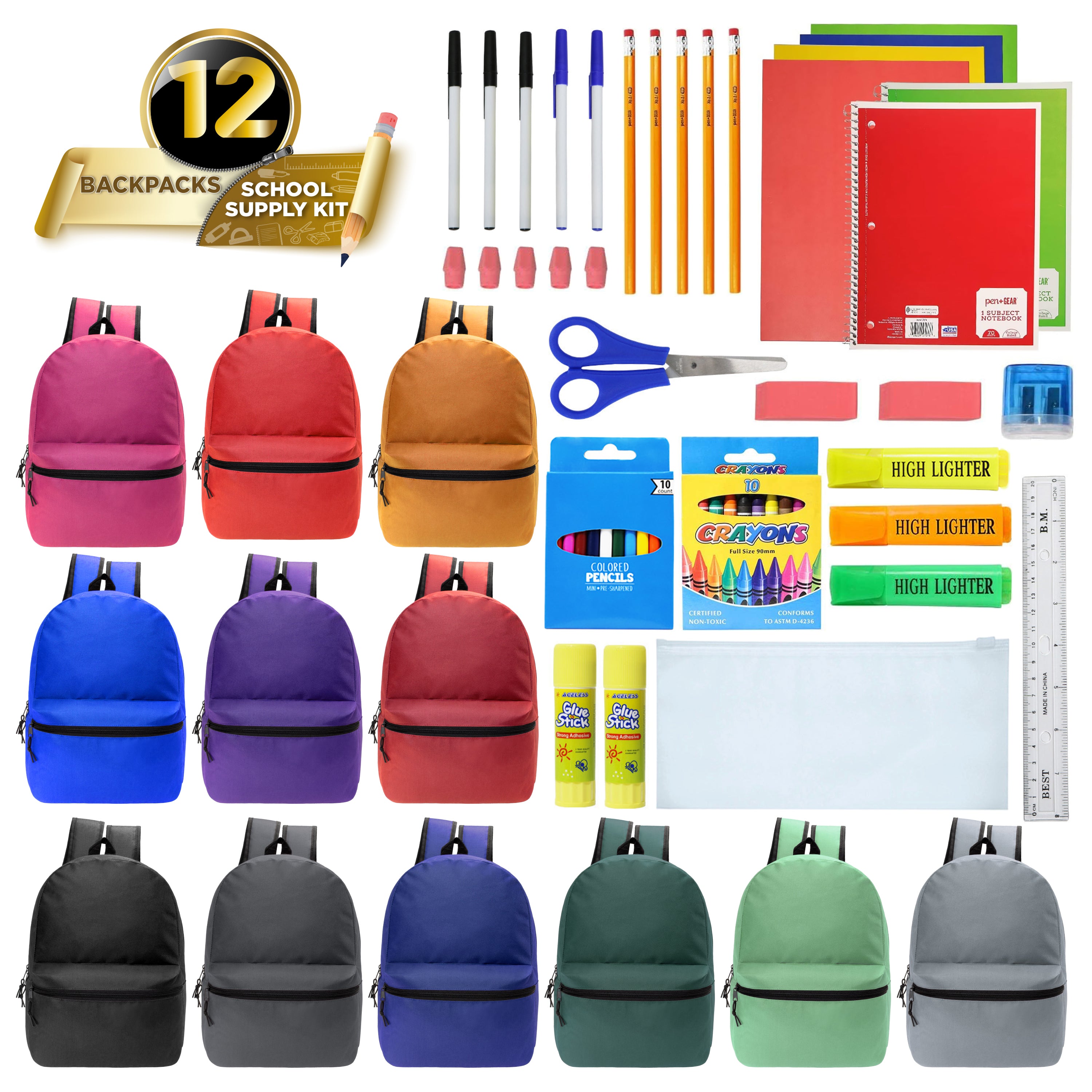 12 Wholesale 17" Basic Backpacks in Assorted Colors & 12 Bulk School Supply Kits of Your Choice