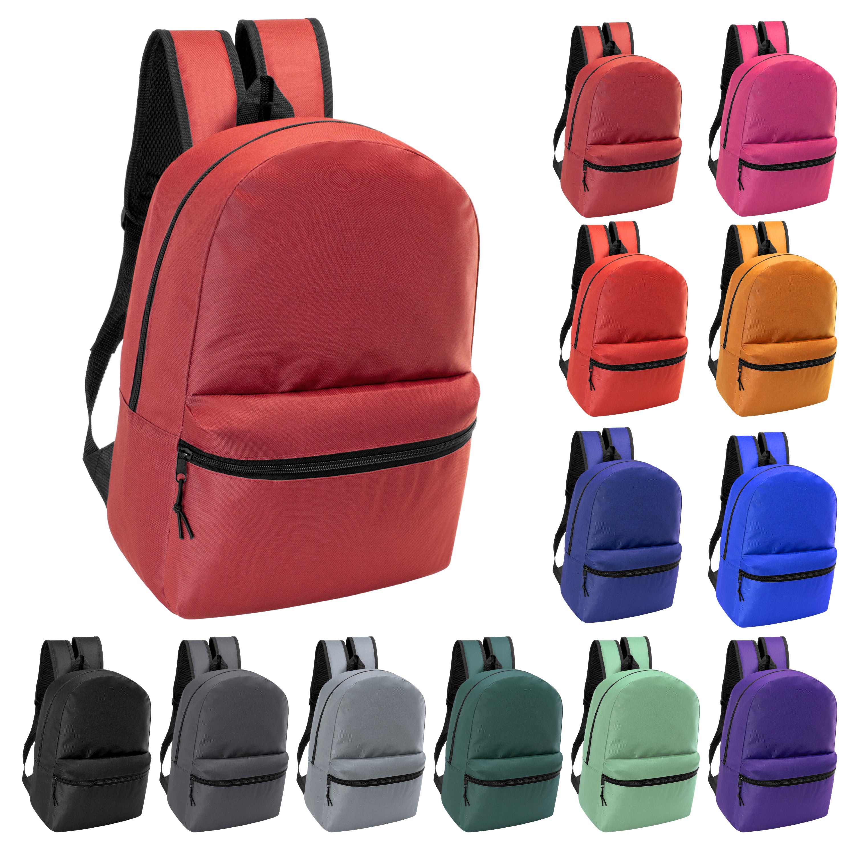 12 Wholesale 17" Basic Backpacks in 12 Assorted Colors & 12 Bulk School Supply Kits of Your Choice