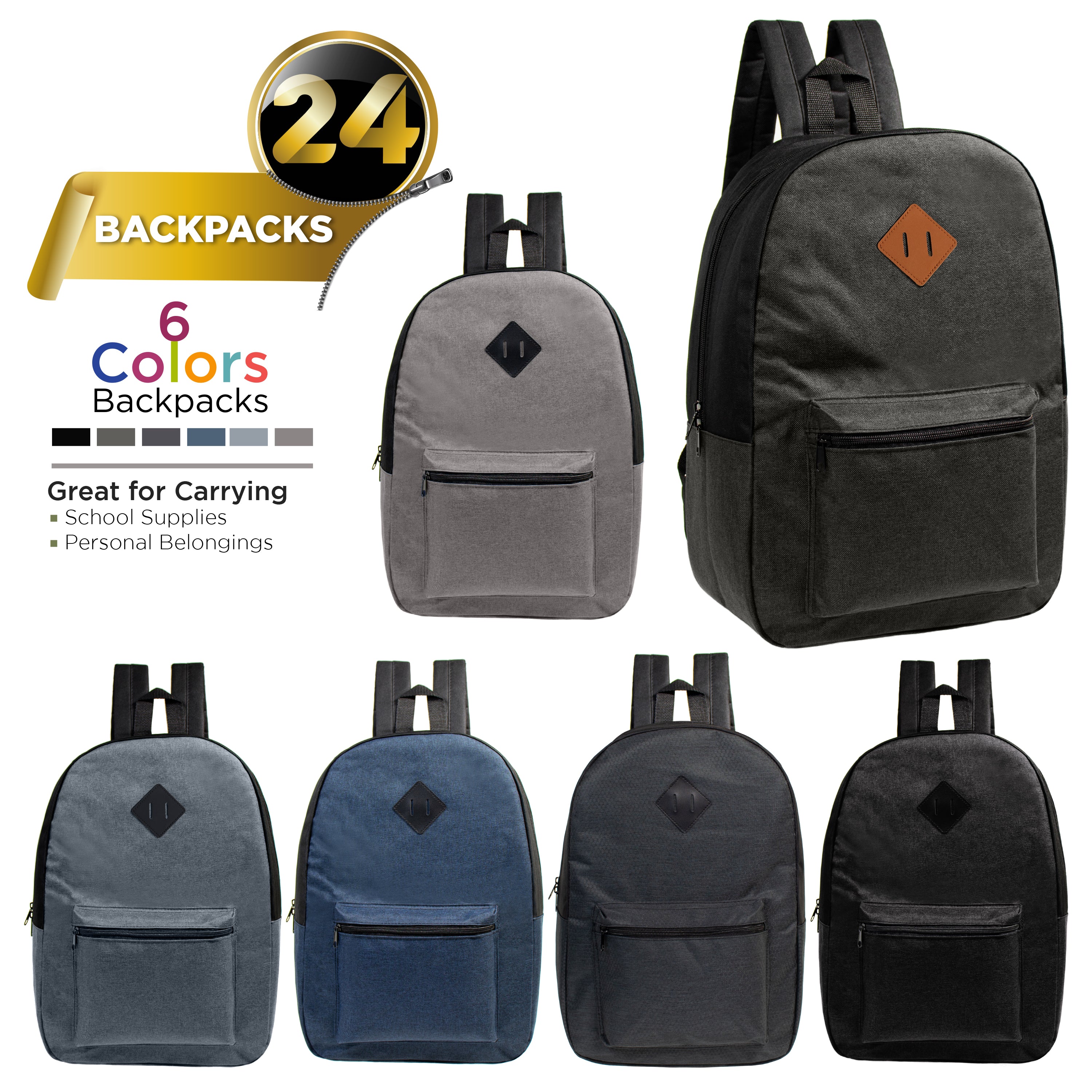 17 Kids Basic Wholesale Backpack in Assorted 6 Colors Diamond Patch Bulk Case of 24 Backpacks