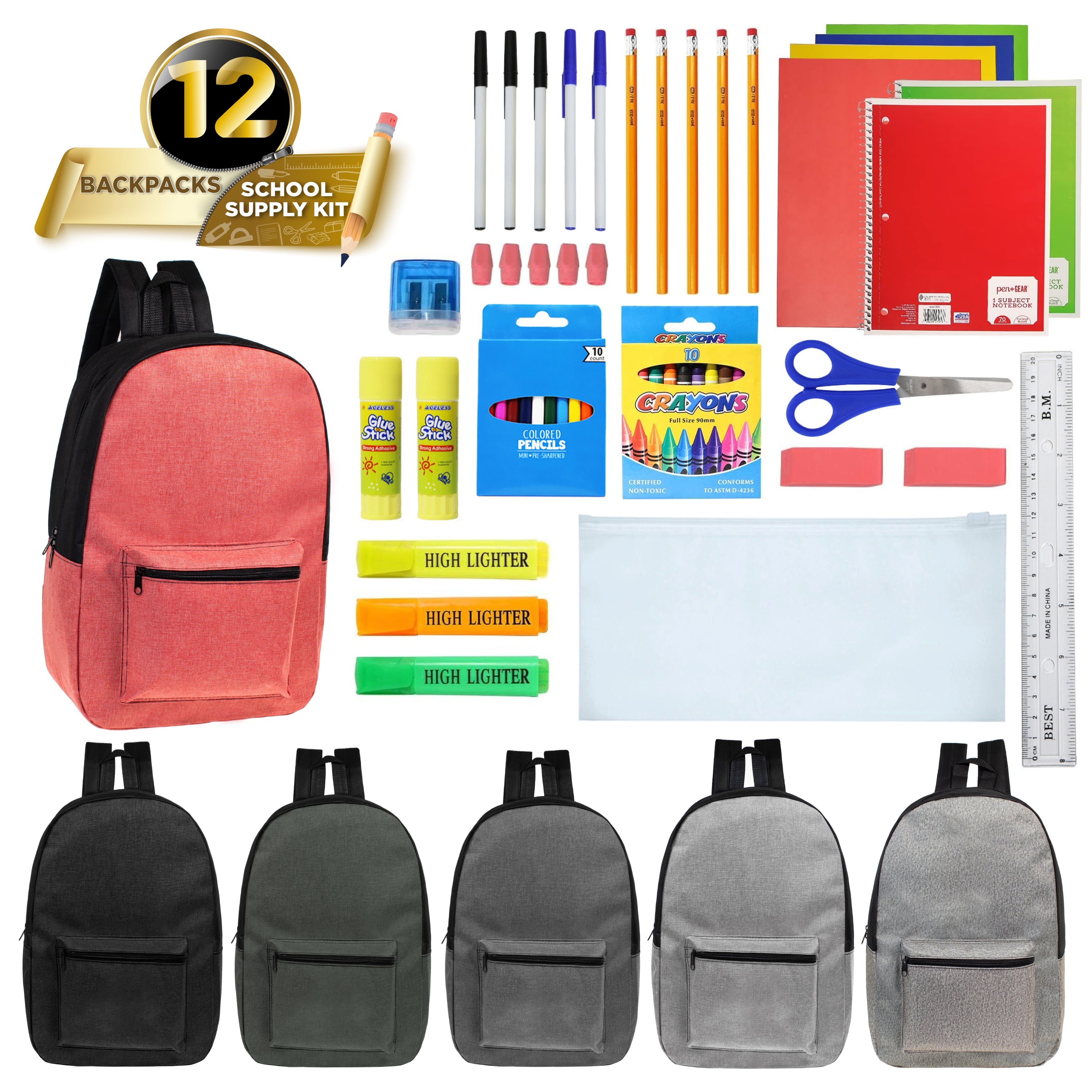 12 Wholesale 17" Backpacks in 6 Colors w/Black Trim and 12 Bulk School Supply Kits of Your Choice