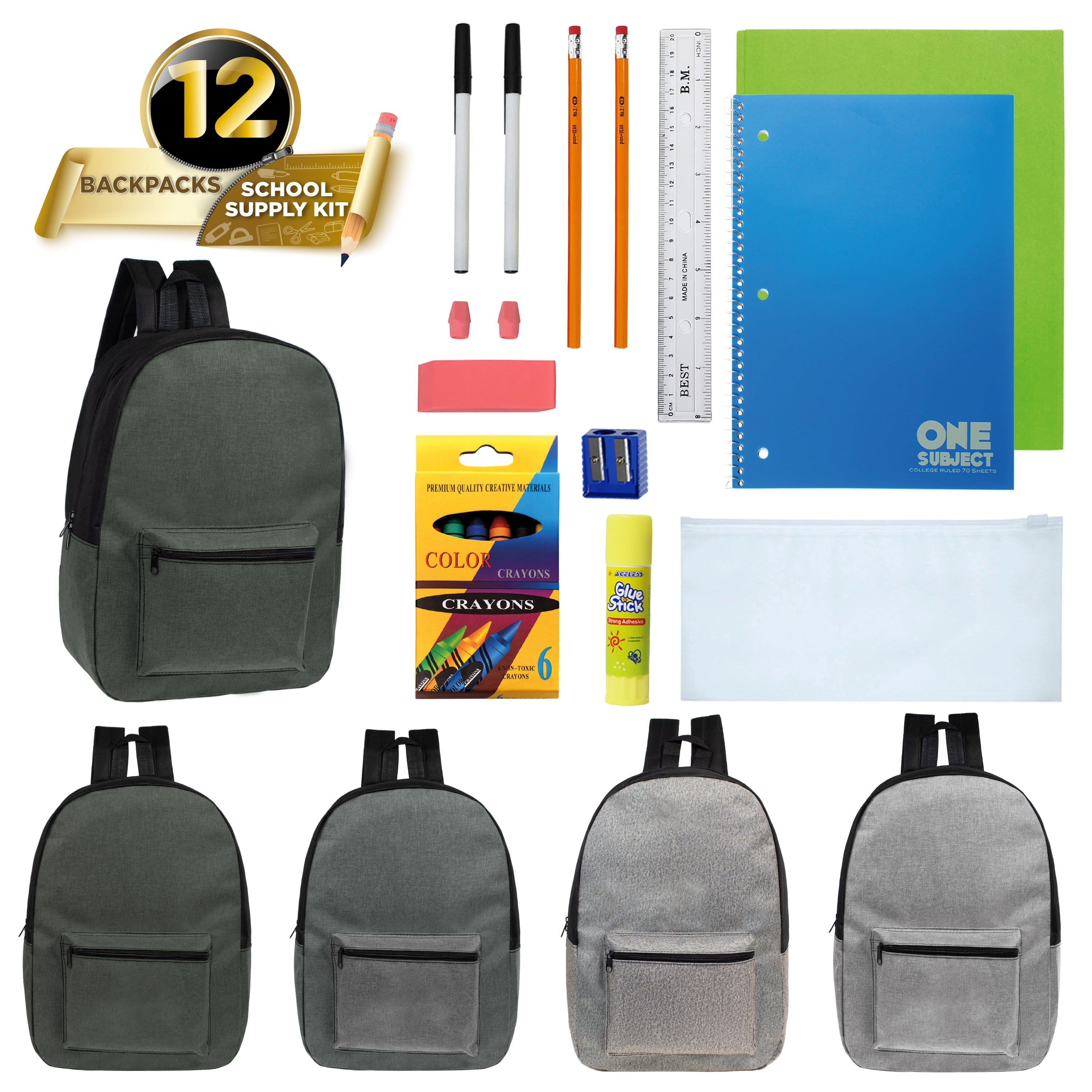 12 Wholesale 17" Backpacks in Gray Colors & 12 Bulk School Supply Kits