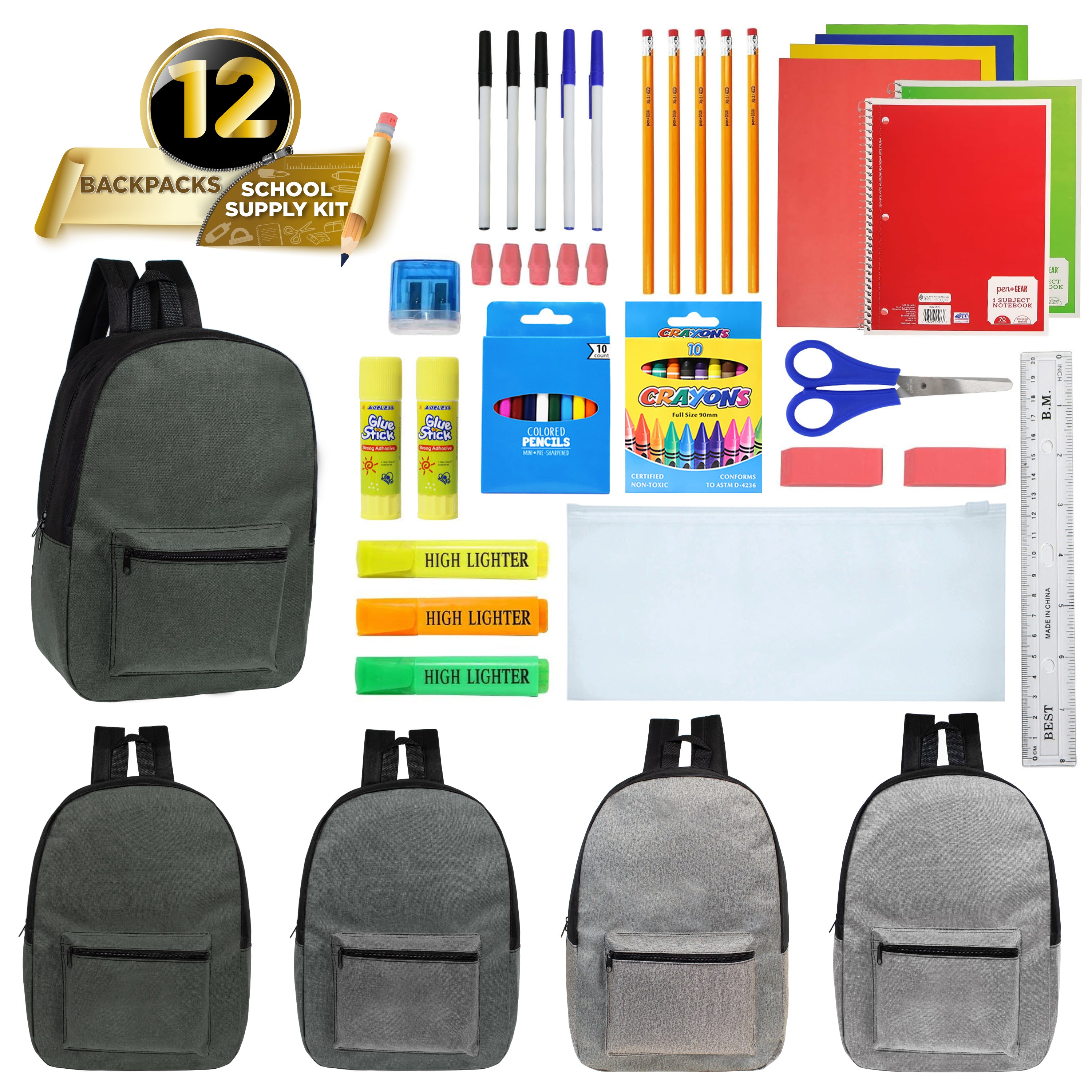 12 Wholesale 17" Backpacks in Gray Colors & 12 Bulk School Supply Kits