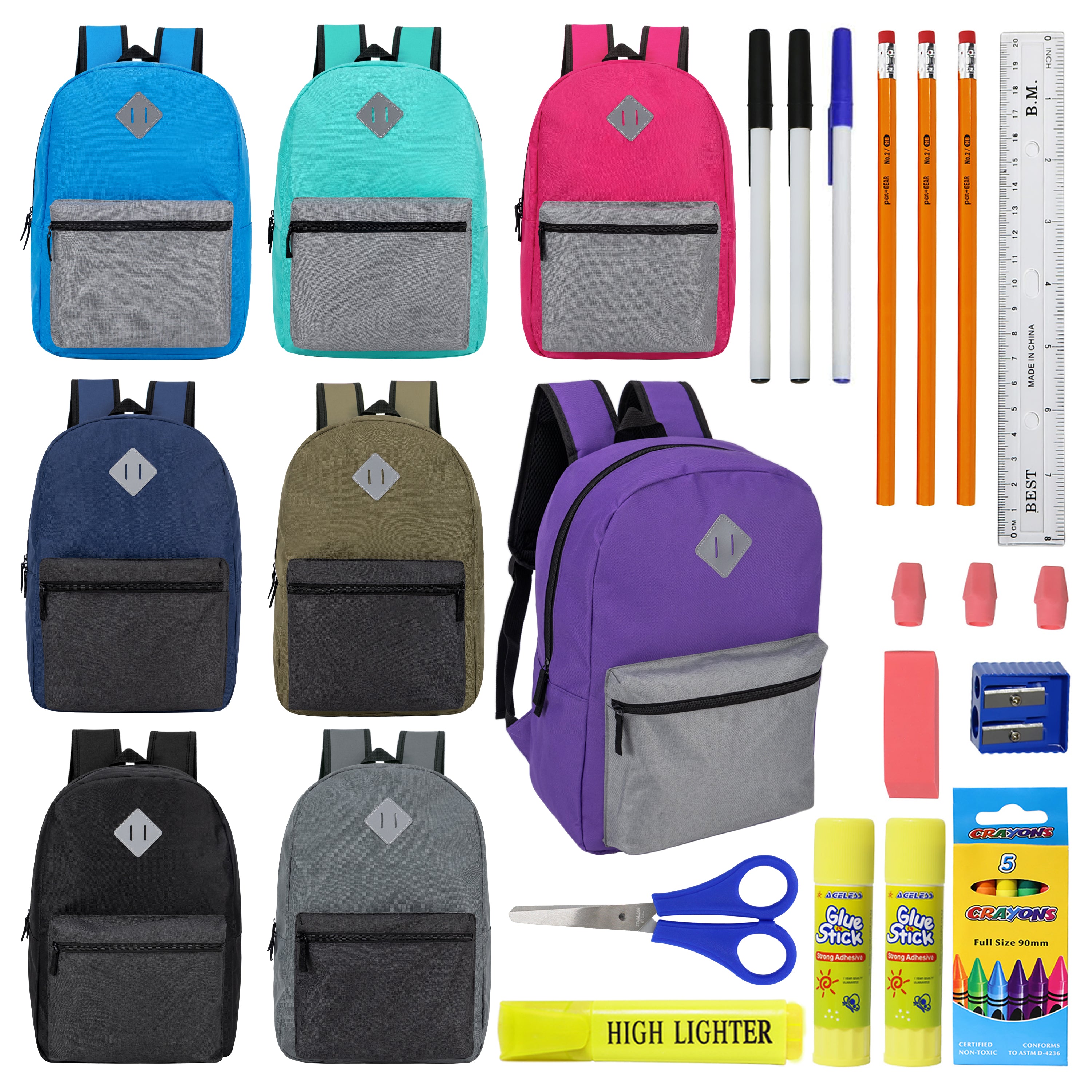 12 Wholesale 17" Diamond Patch Backpacks in 8 Colors & 12 Bulk School Supply Kits of Your Choice