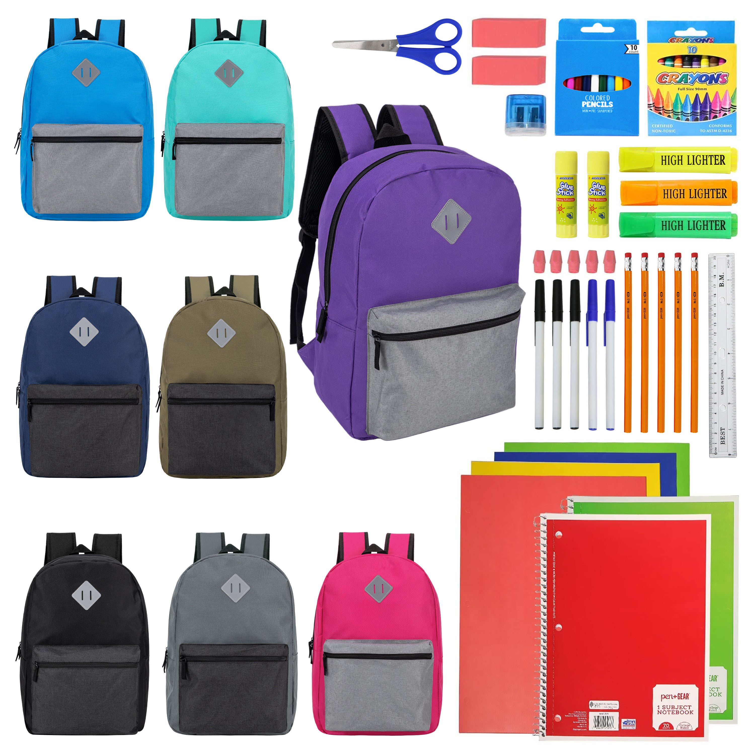 12 Wholesale 17" Diamond Patch Backpacks in 8 Colors & 12 Bulk School Supply Kits of Your Choice