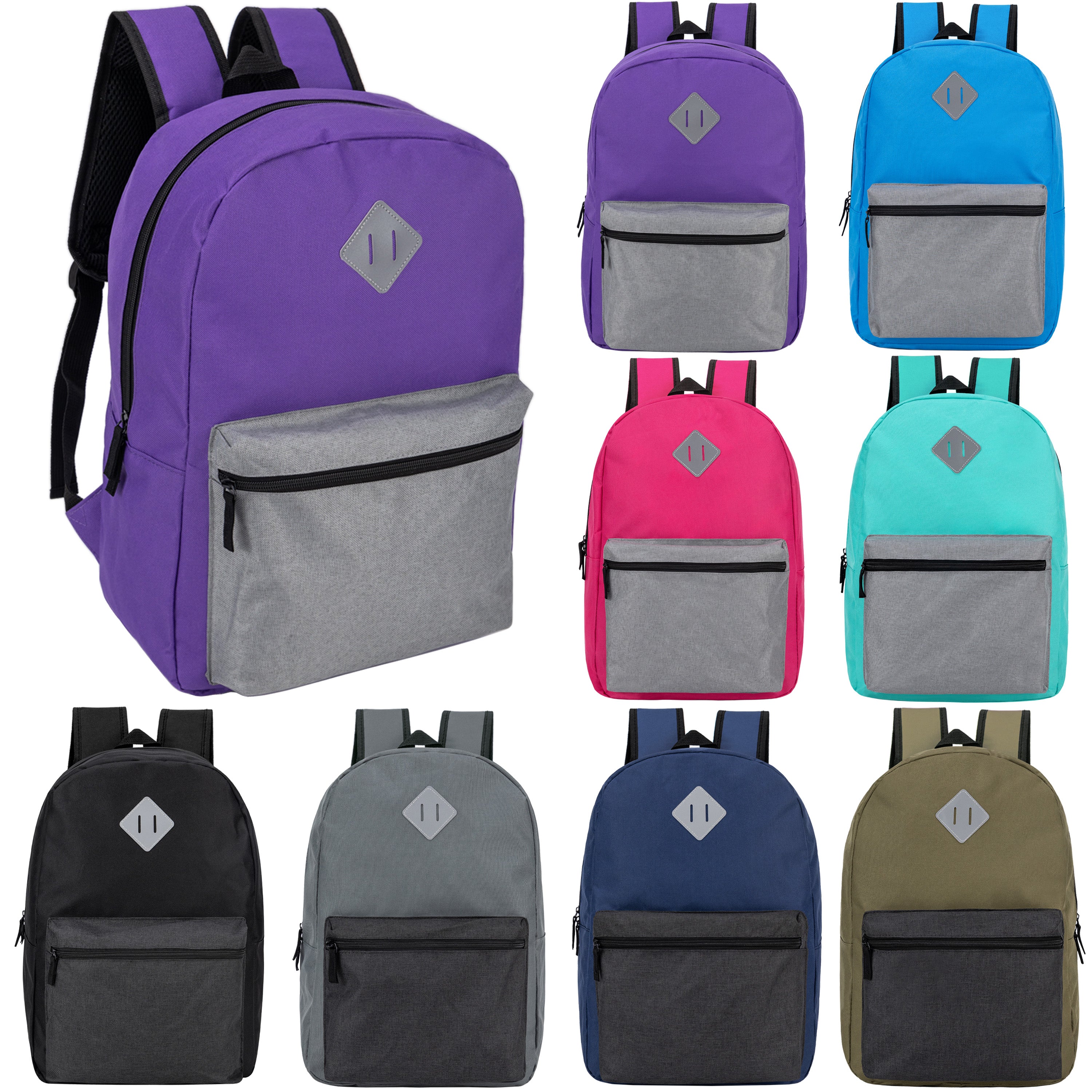 12 Wholesale 17" Diamond Patch Backpacks in 8 Colors & 12 Bulk School Supply Kits of Your Choice