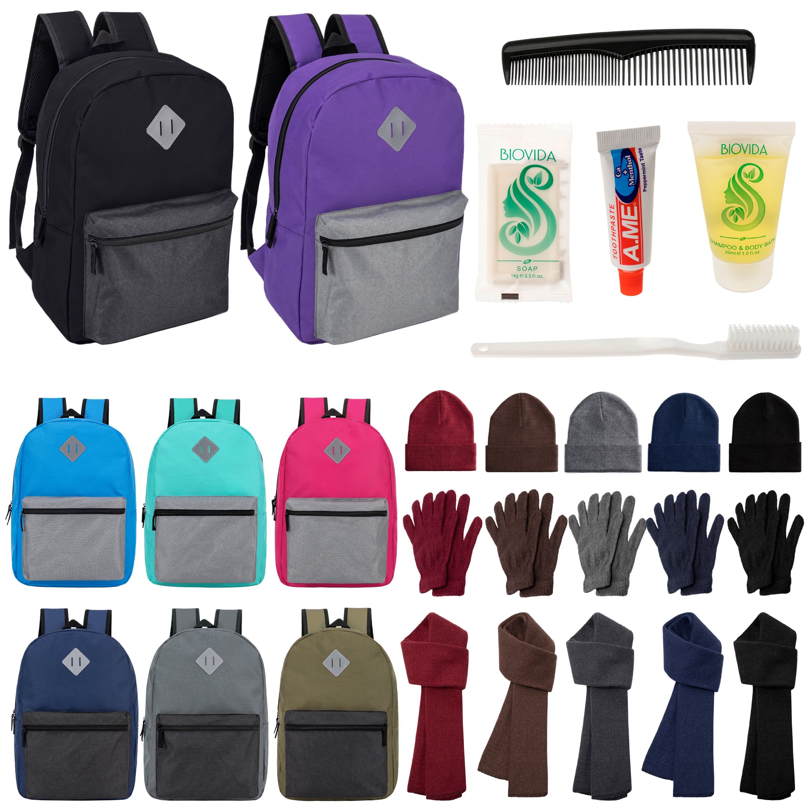 12 Multi Color Diamond Patch 17" Backpacks, 12 Winter Item Sets & Your Choice of 12 Bulk Hygiene Kits - Wholesale Homeless Care Package