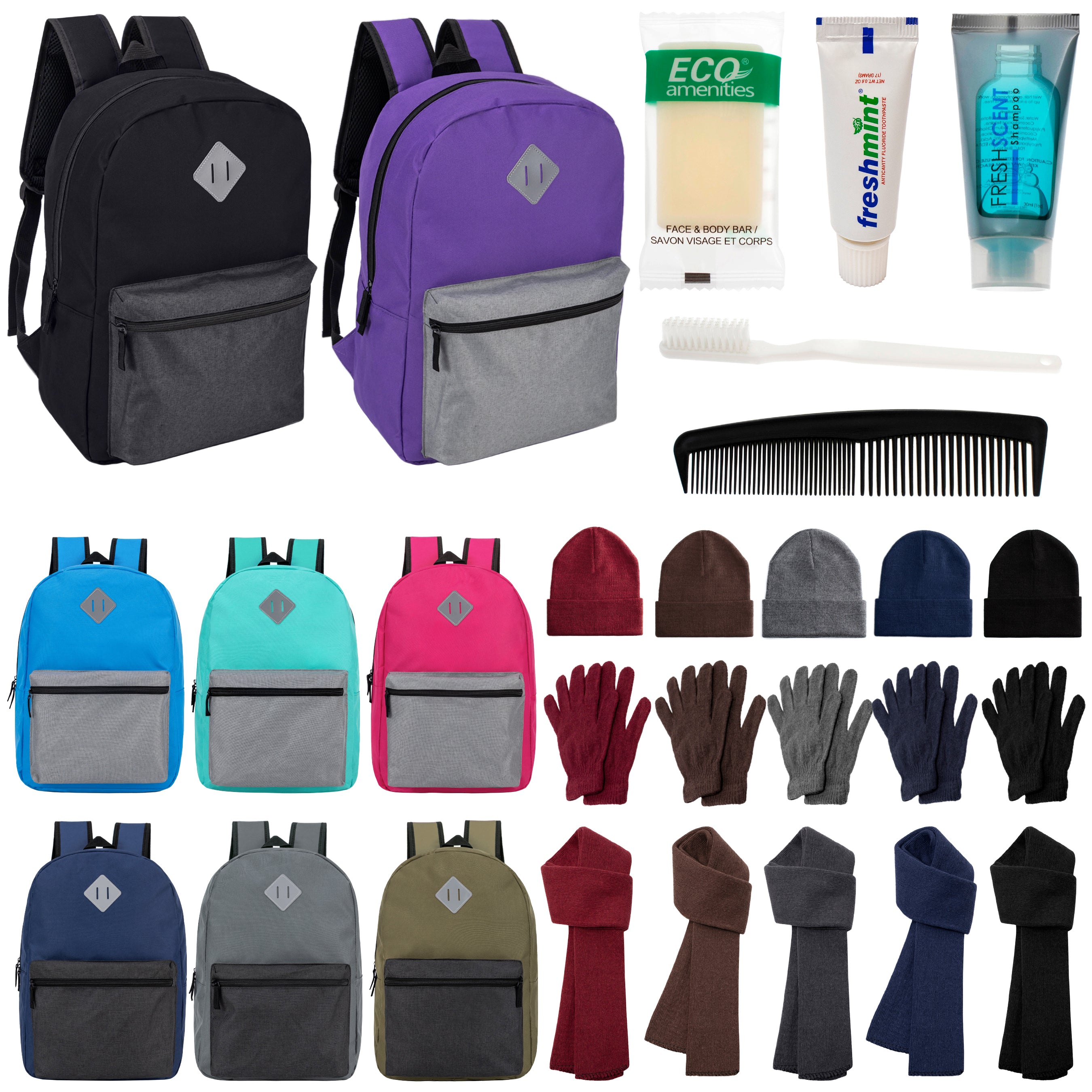 12 Multi Color Diamond Patch 17" Backpacks, 12 Winter Item Sets & Your Choice of 12 Bulk Hygiene Kits - Wholesale Homeless Care Package