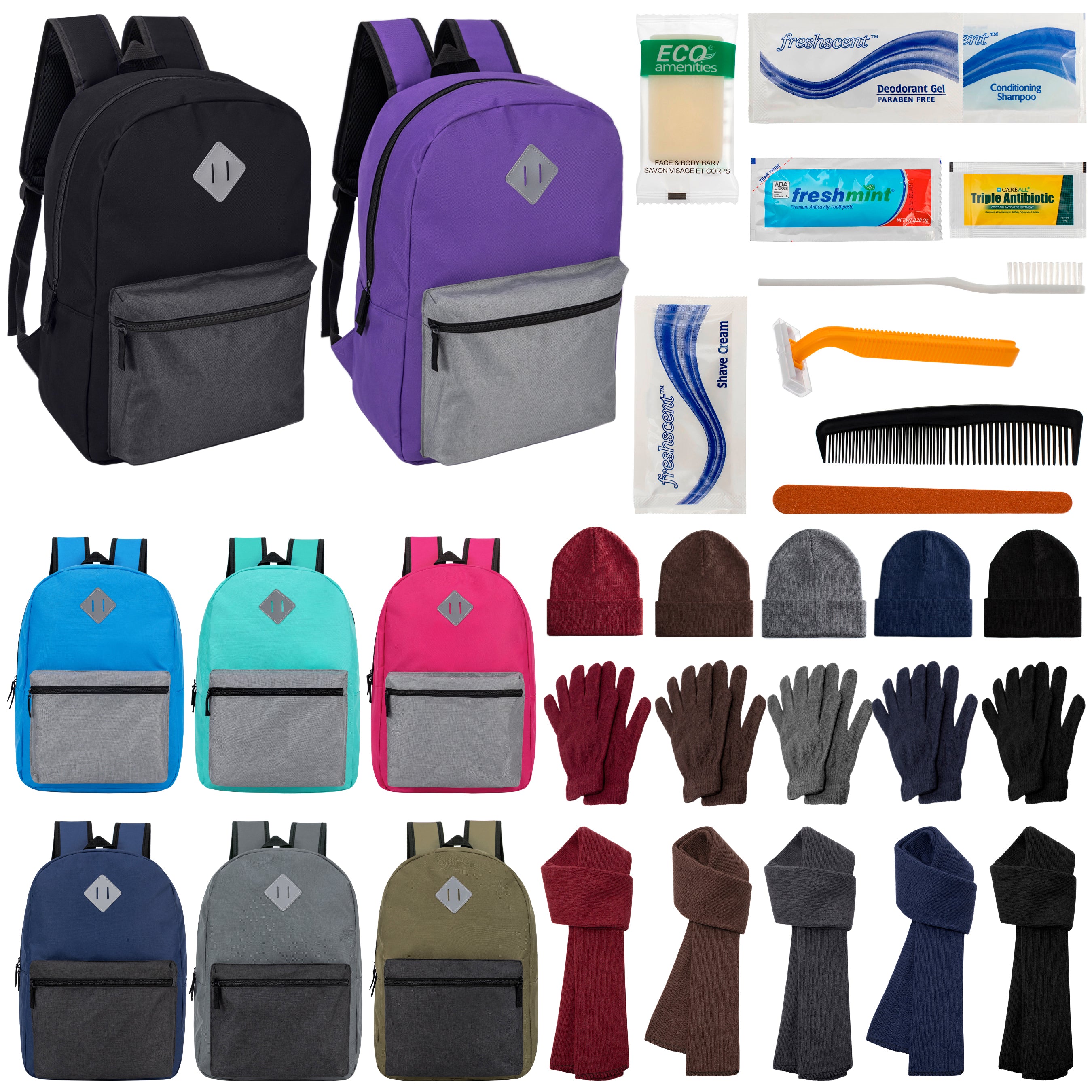 12 Multi Color Diamond Patch 17" Backpacks, 12 Winter Item Sets & Your Choice of 12 Bulk Hygiene Kits - Wholesale Homeless Care Package