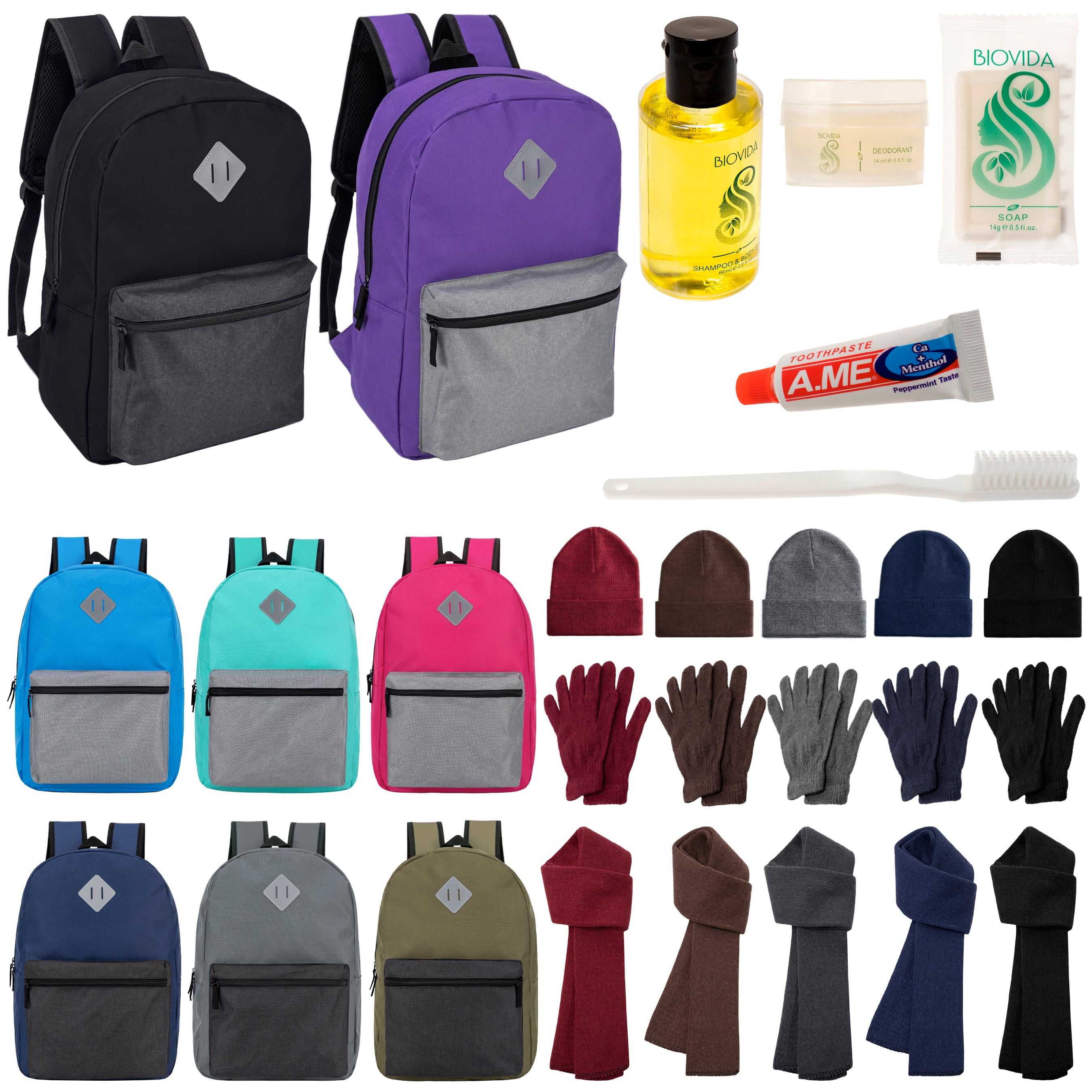 12 Multi Color Diamond Patch 17" Backpacks, 12 Winter Item Sets & Your Choice of 12 Bulk Hygiene Kits - Wholesale Homeless Care Package