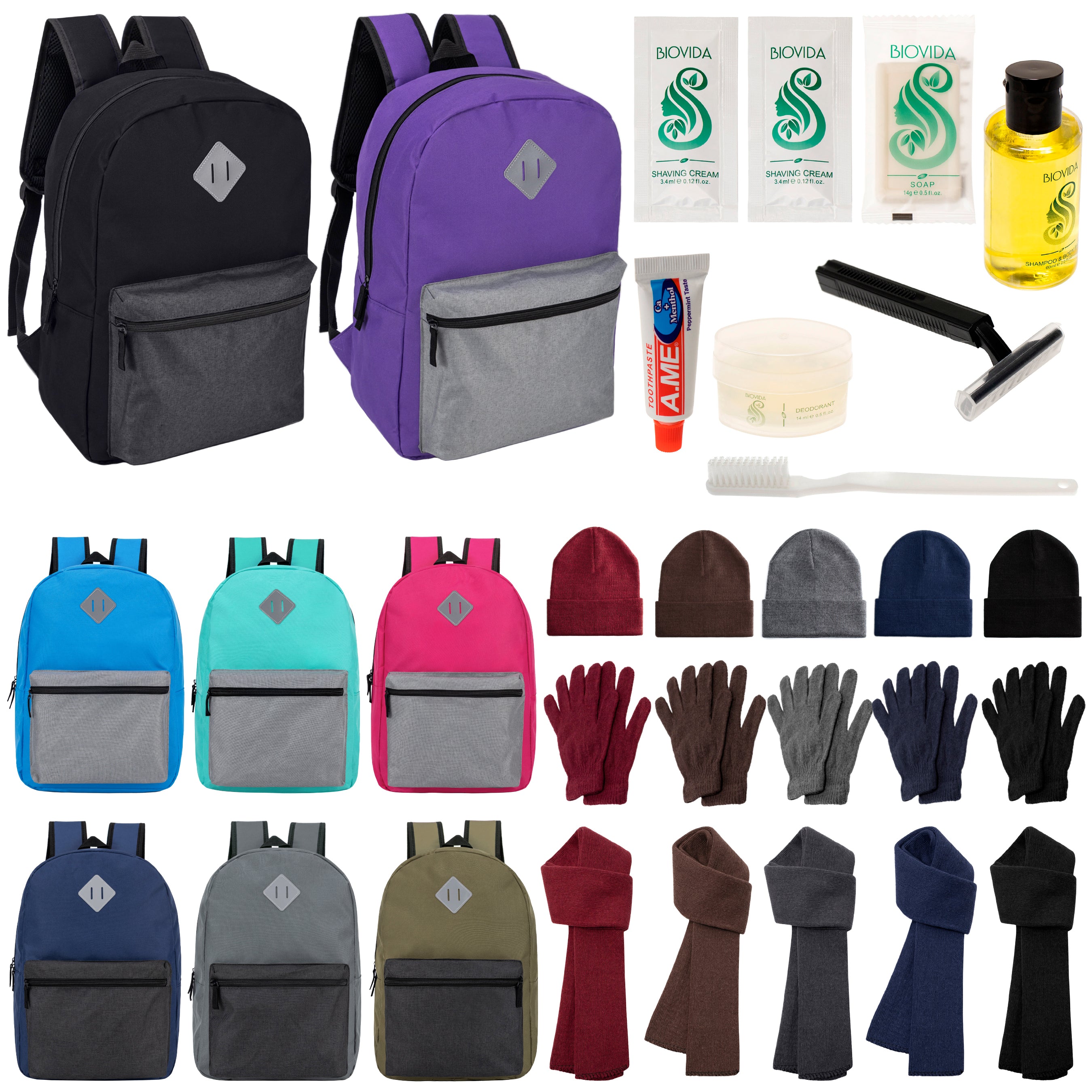 12 Multi Color Diamond Patch 17" Backpacks, 12 Winter Item Sets & Your Choice of 12 Bulk Hygiene Kits - Wholesale Homeless Care Package