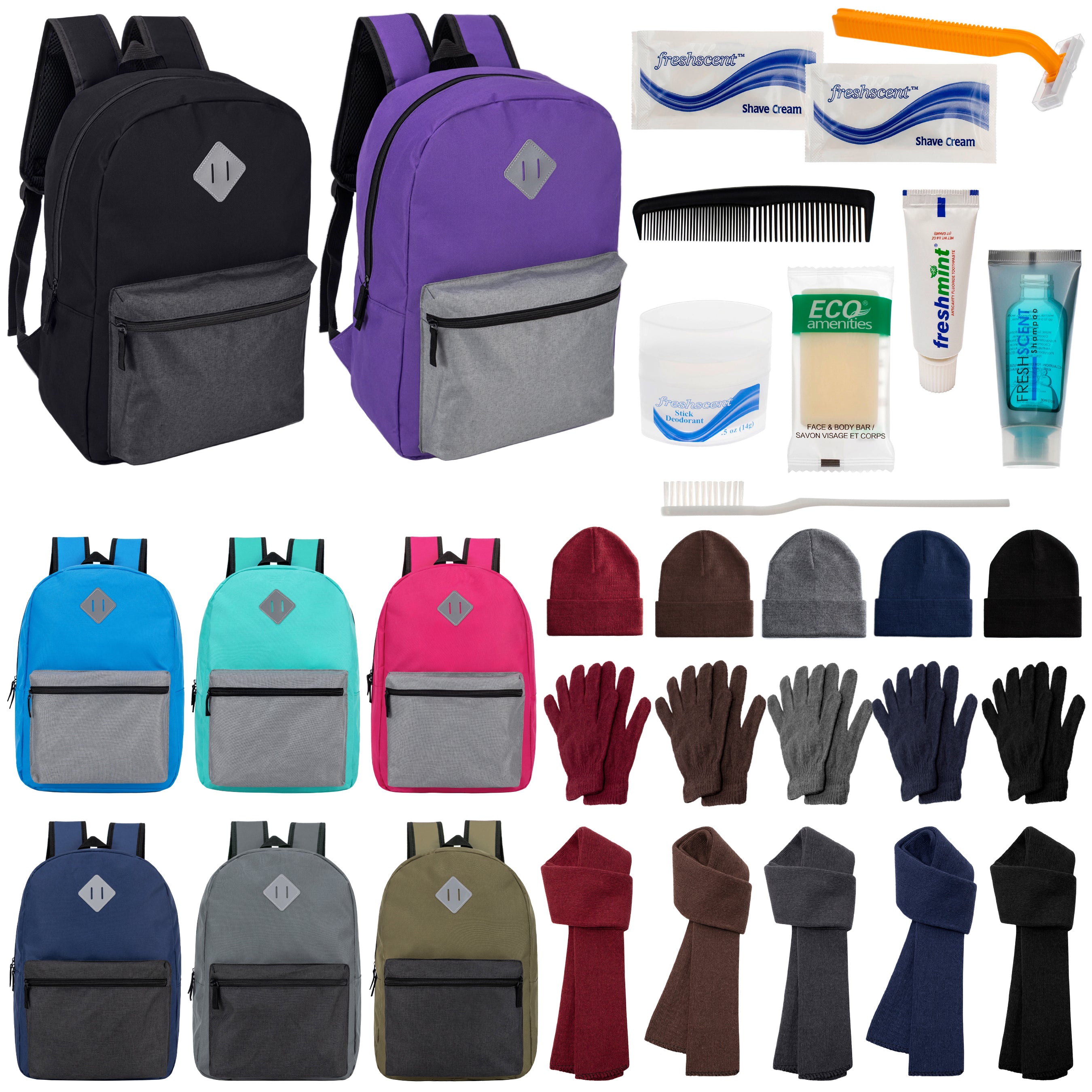 12 Multi Color Diamond Patch 17" Backpacks, 12 Winter Item Sets & Your Choice of 12 Bulk Hygiene Kits - Wholesale Homeless Care Package