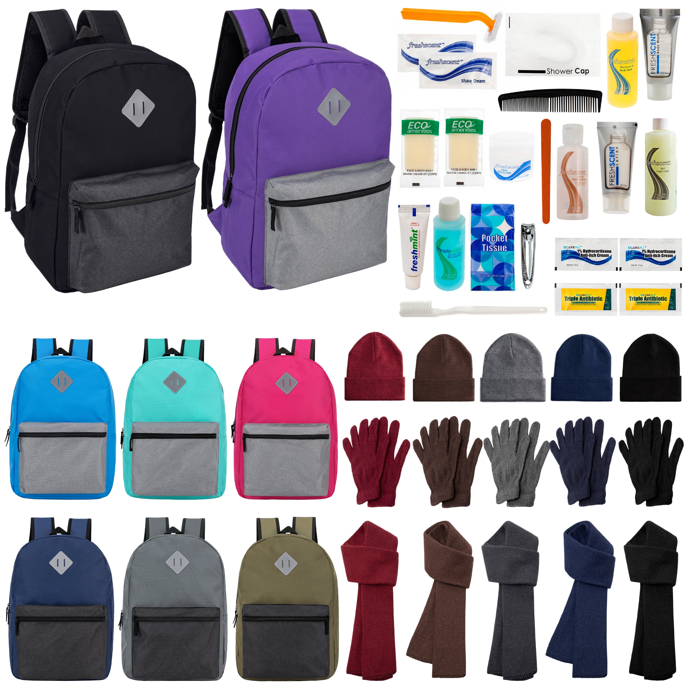 12 Multi Color Diamond Patch 17" Backpacks, 12 Winter Item Sets & Your Choice of 12 Bulk Hygiene Kits - Wholesale Homeless Care Package