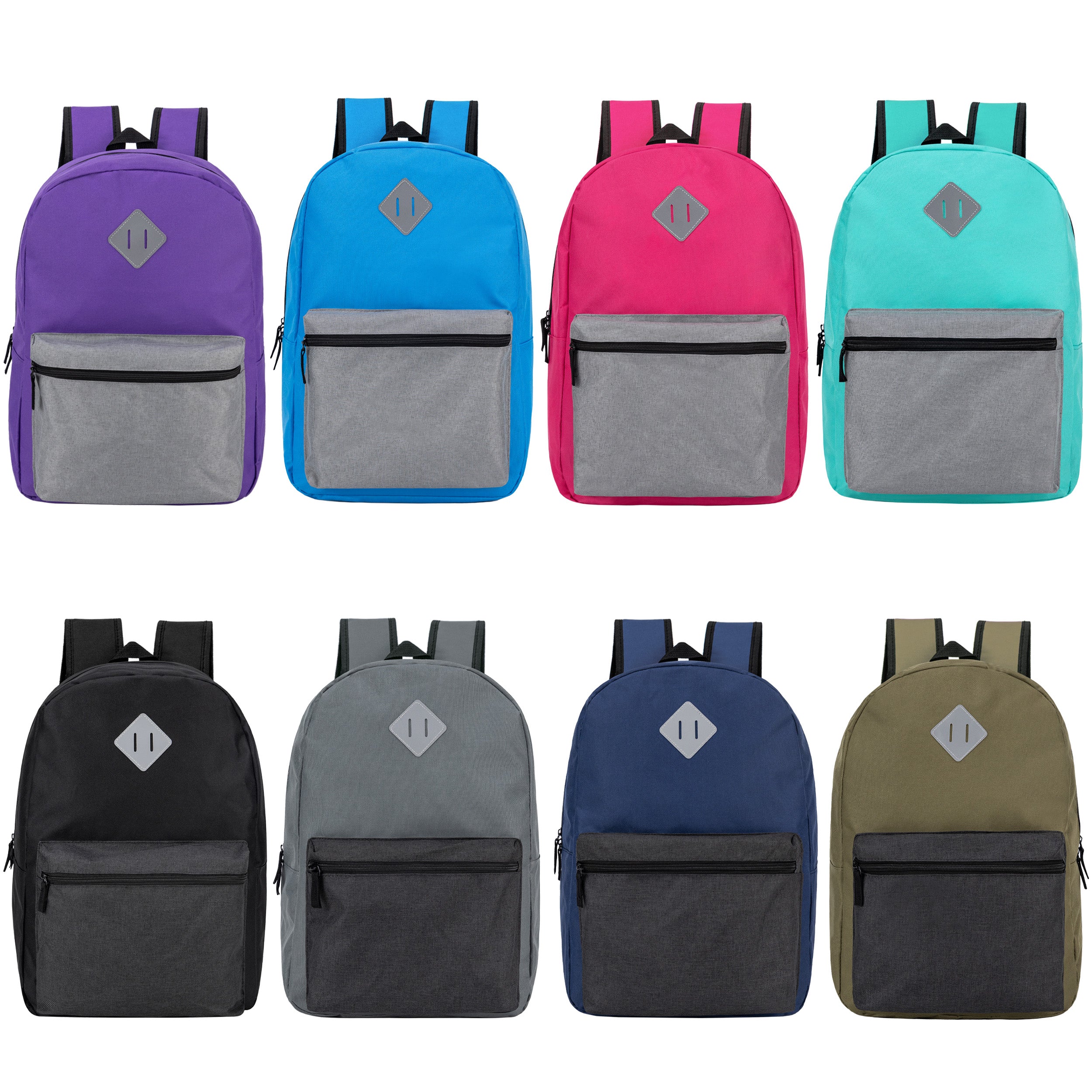 17" Wholesale Two Tone Backpack with a Diamond Patch in 8 Colors - Bulk Case of 24 Bookbags