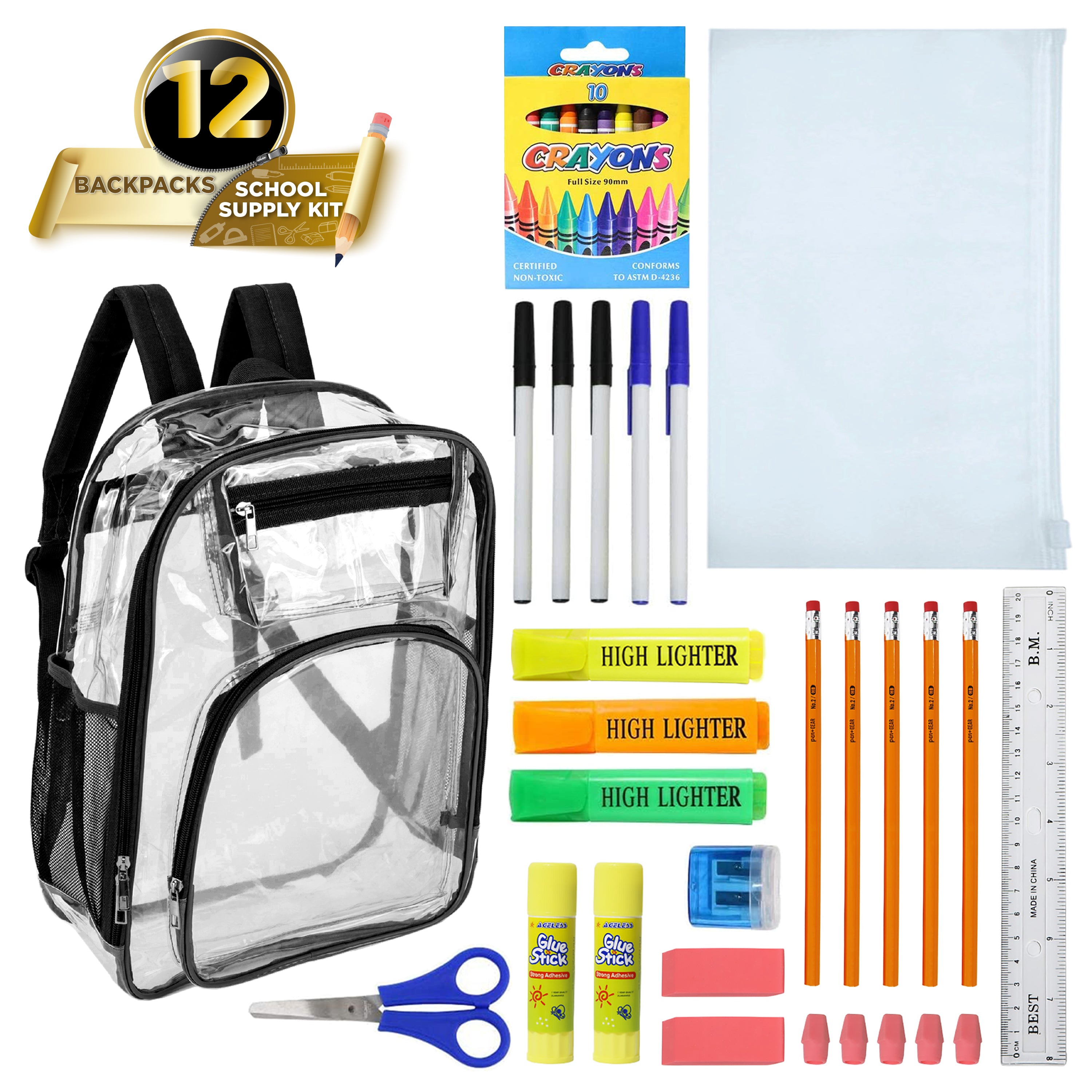 17" Premium Wholesale Clear Backpacks w/Black Trim & 12 Bulk School Supply Kits of Your Choice