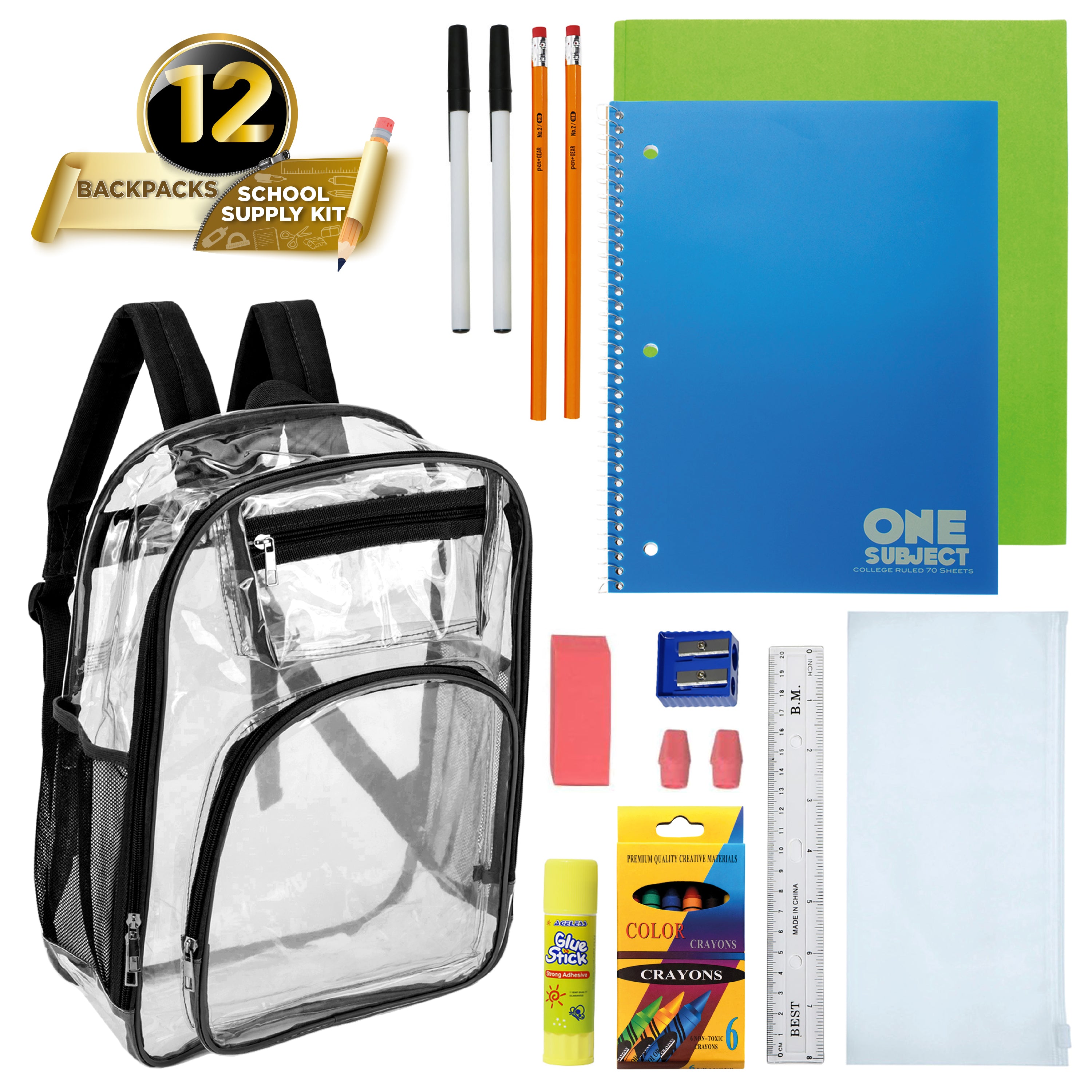 17" Premium Wholesale Clear Backpacks w/Black Trim & 12 Bulk School Supply Kits of Your Choice