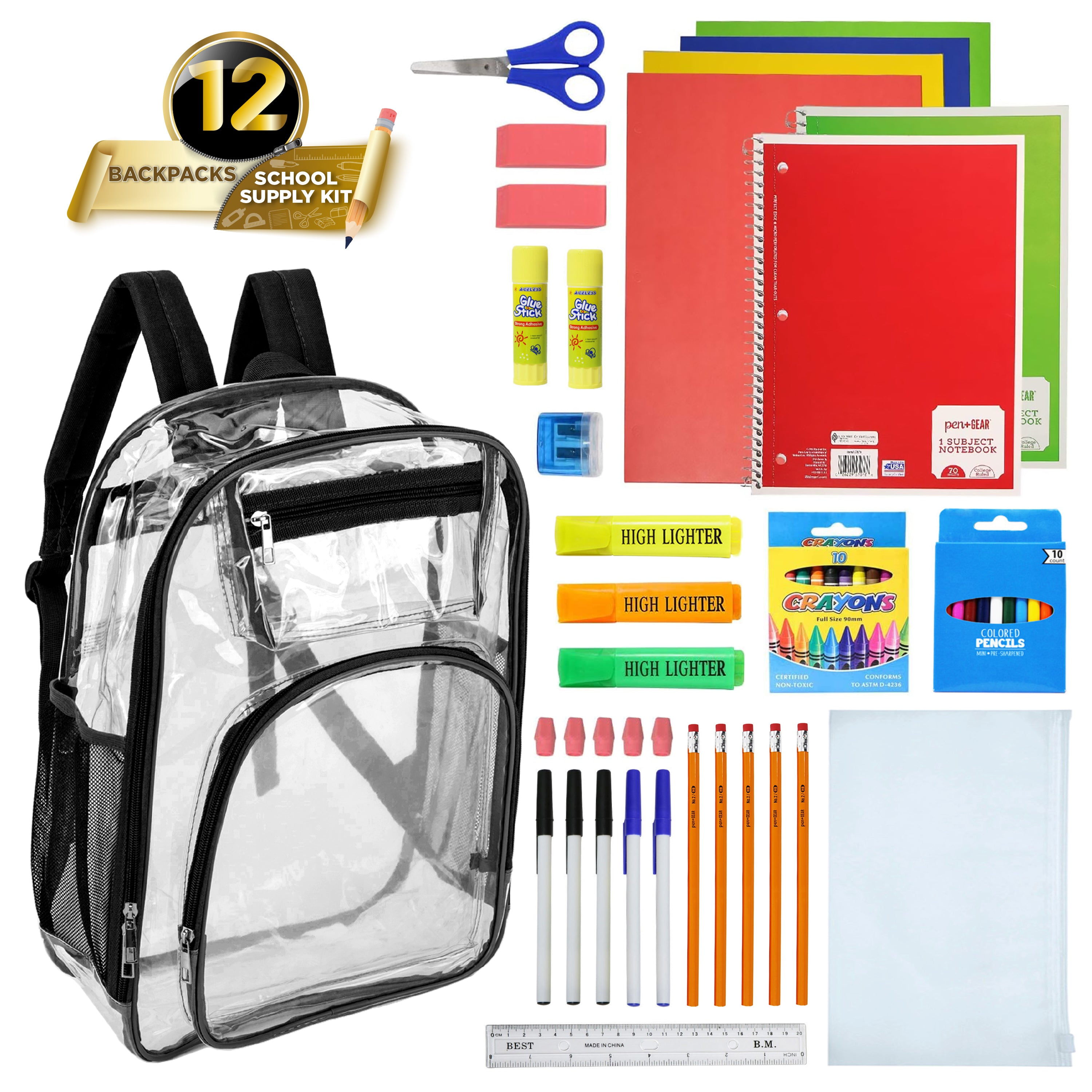 17" Premium Wholesale Clear Backpacks w/Black Trim & 12 Bulk School Supply Kits of Your Choice