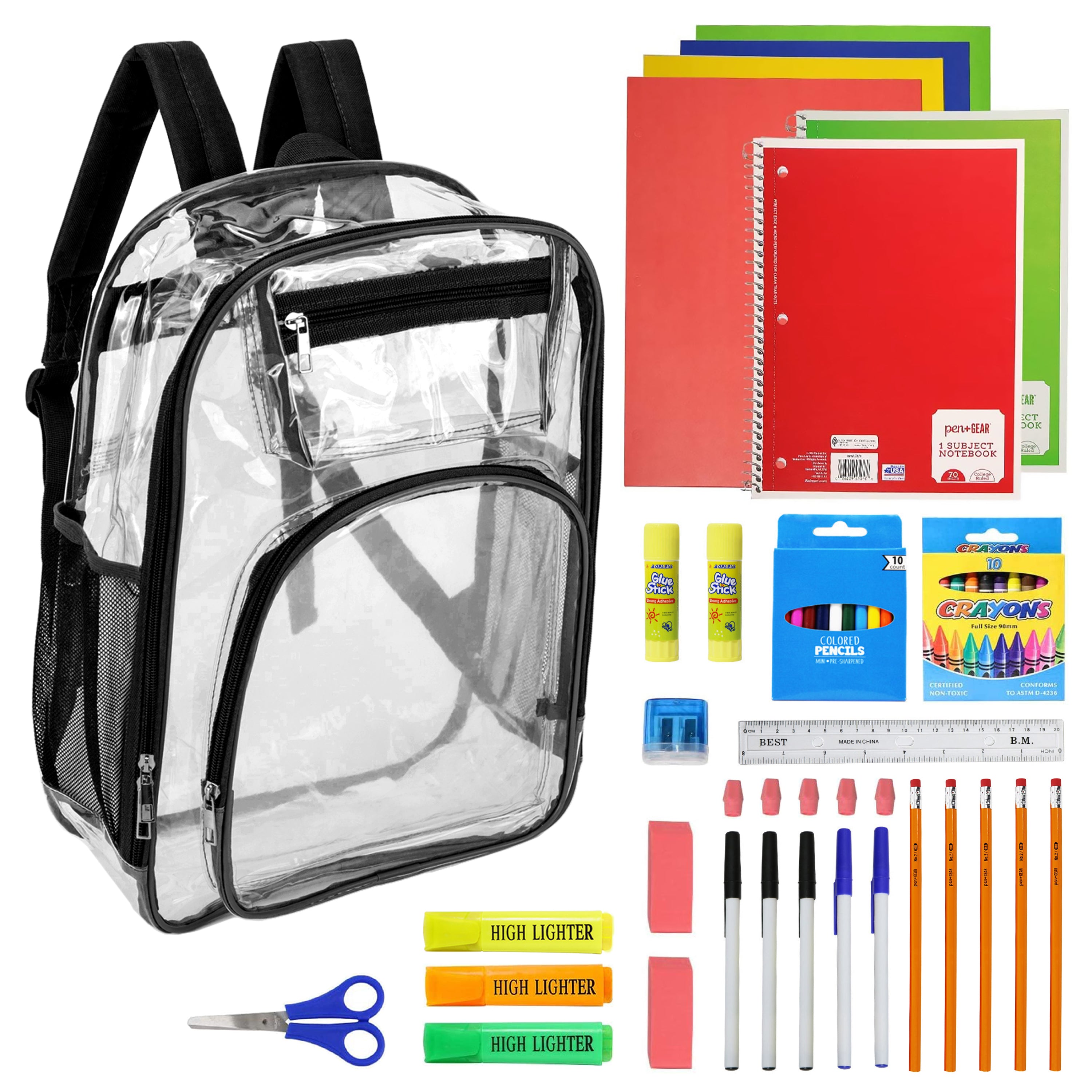 17" Premium Wholesale Clear Backpacks w/Black Trim & 12 Bulk School Supply Kits of Your Choice