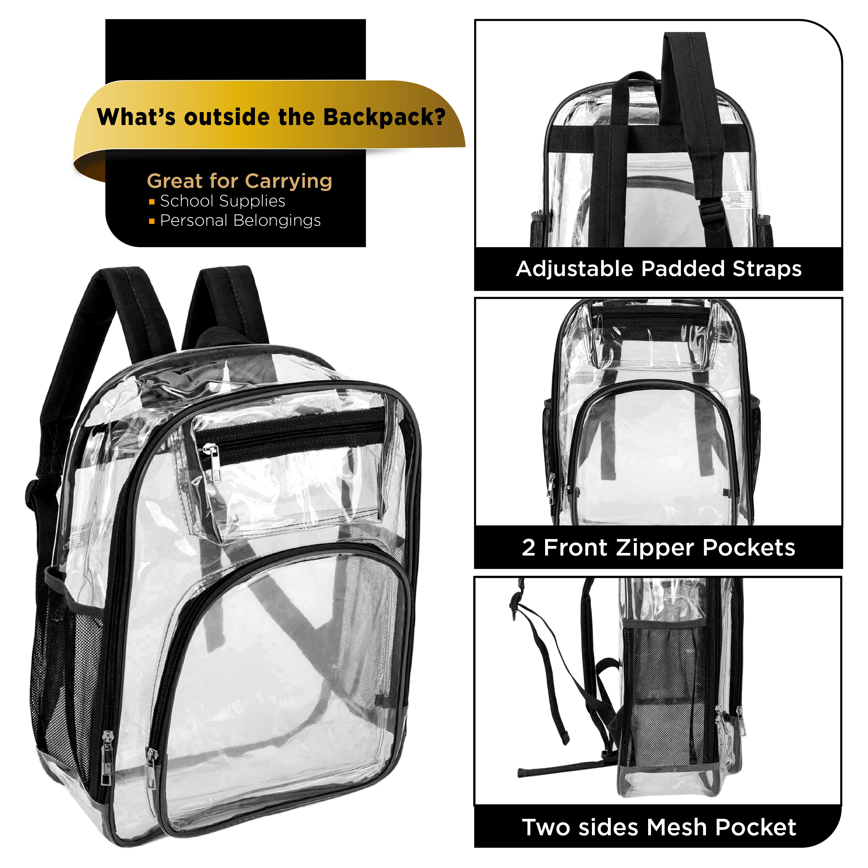 17" Premium Wholesale Clear Backpacks w/Black Trim & 12 Bulk School Supply Kits of Your Choice