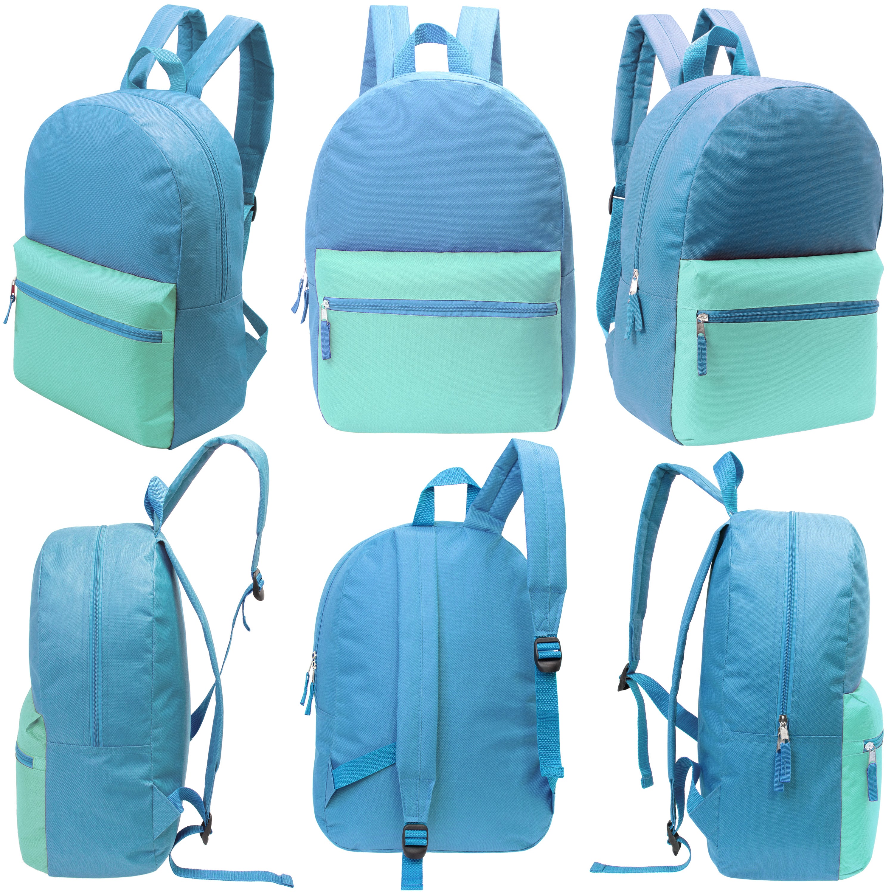 12 Wholesale 17" Two Tone Backpacks in 12 Assorted Colors & 12 Bulk School Supply Kits of Your Choice