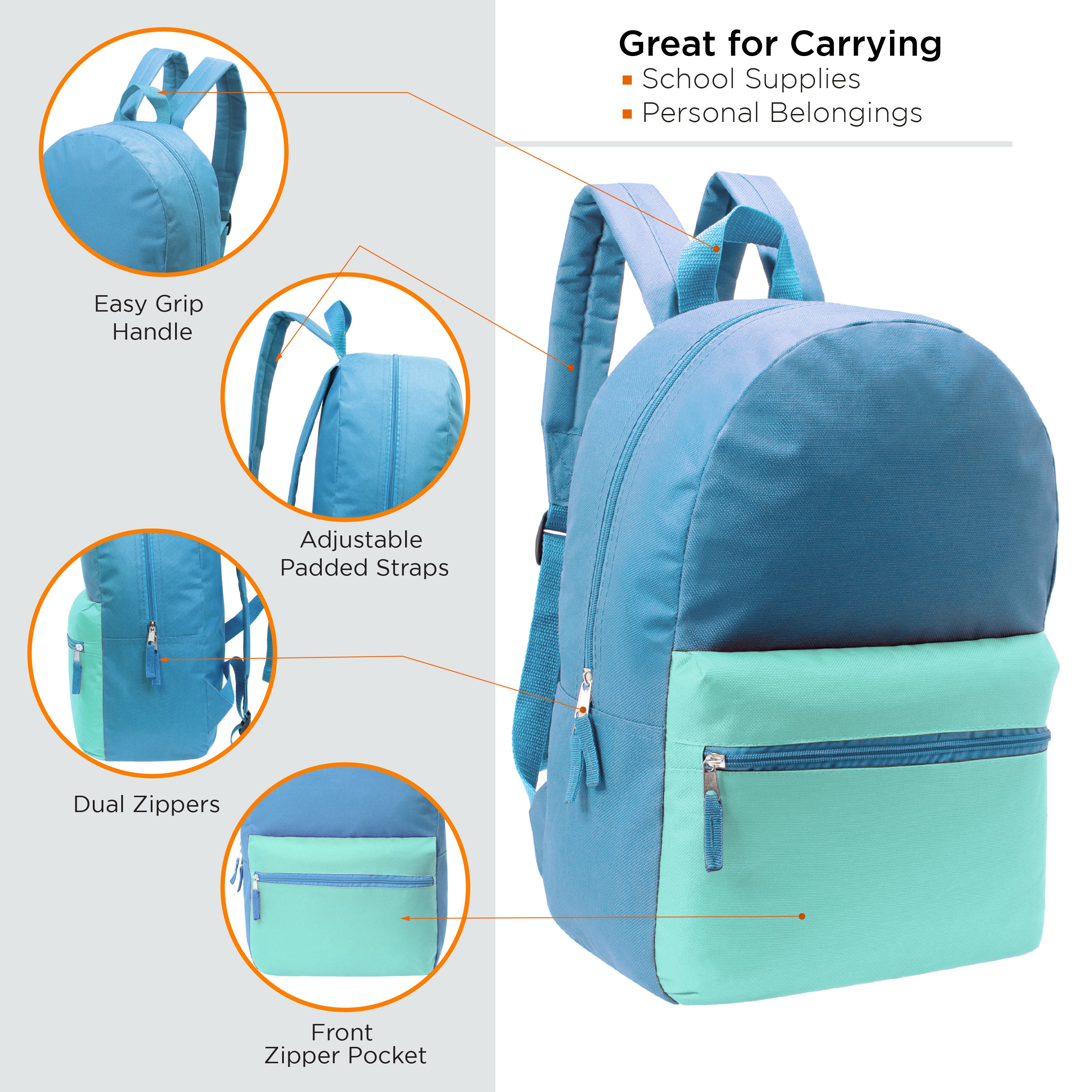 12 Wholesale 17" Two Tone Backpacks in 12 Assorted Colors & 12 Bulk School Supply Kits of Your Choice