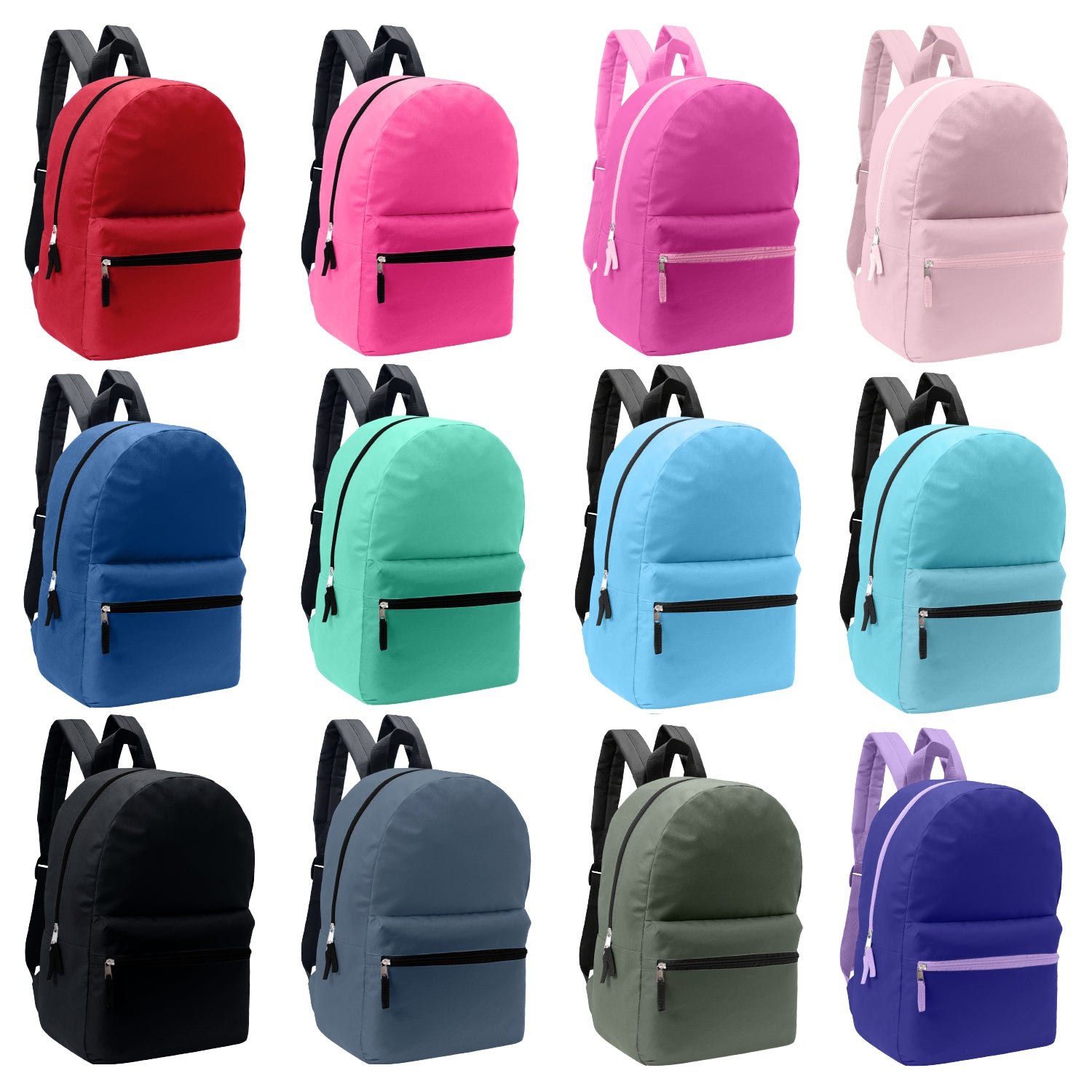 12 Basic 17" Backpacks in Assorted Colors & Your Choice of 12 Winter Item Sets - Wholesale Care Package: Homeless, Emergency, Charity