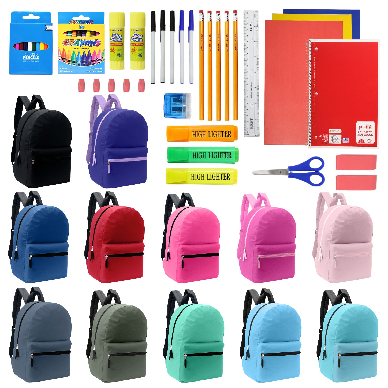 12 Wholesale Blank Student 17" Backpacks in Assorted Colors and 12 Bulk School Supply Kits of Your Choice