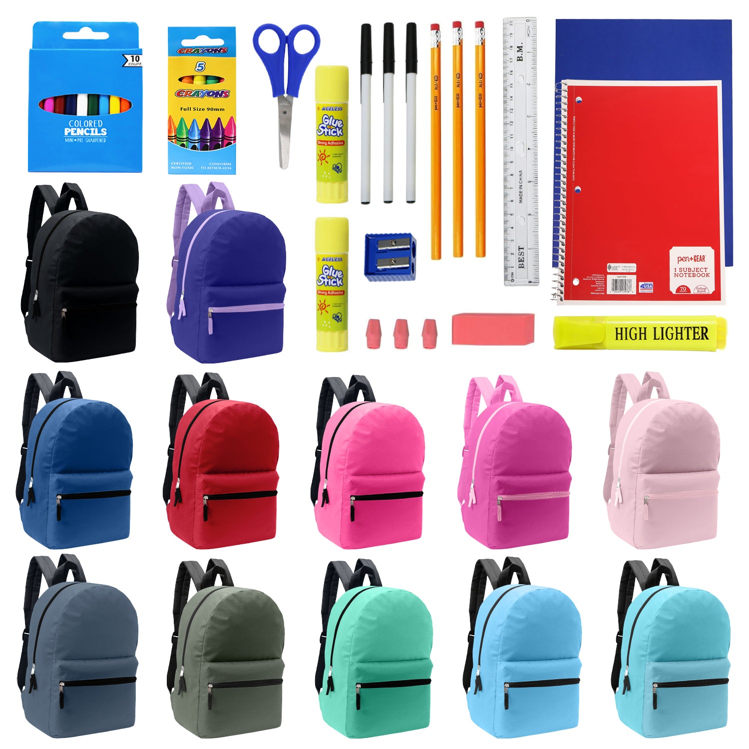 12 Wholesale Blank Student 17" Backpacks in Assorted Colors and 12 Bulk School Supply Kits of Your Choice