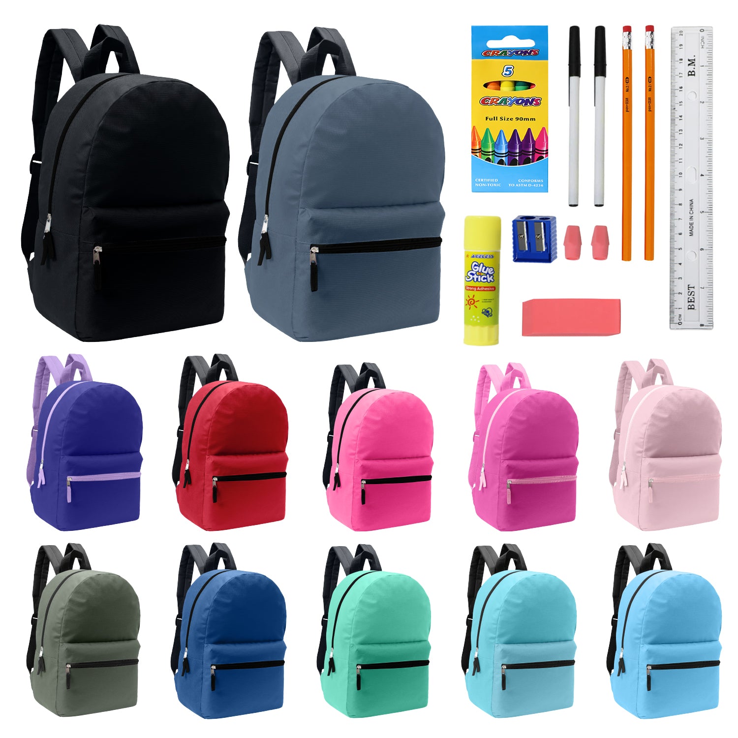 12 Wholesale Blank Student 17" Backpacks in Assorted Colors and 12 Bulk School Supply Kits of Your Choice