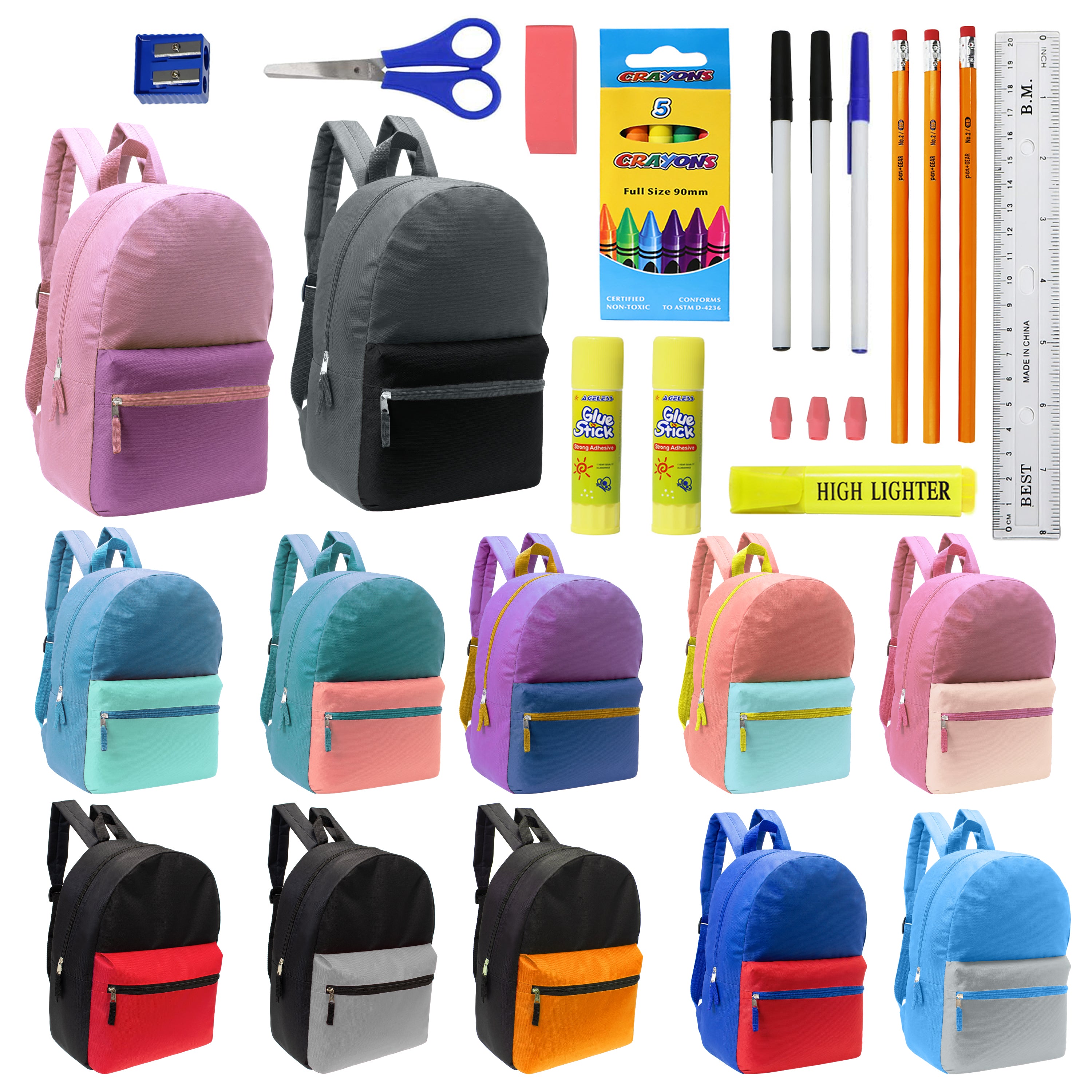 12 Wholesale 17" Two Tone Backpacks in 12 Assorted Colors & 12 Bulk School Supply Kits of Your Choice